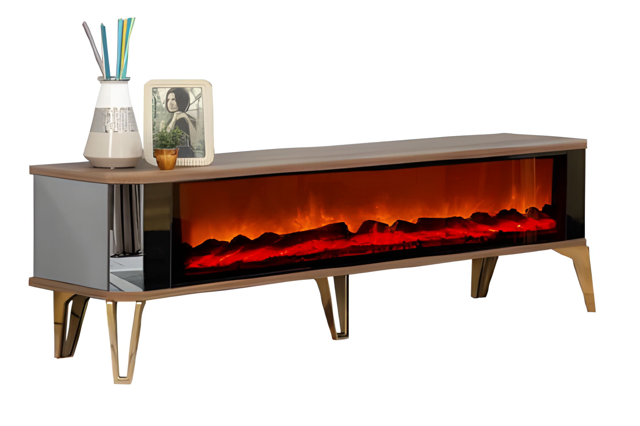 Raffinierter TV-Schrank aus Holz mit seitlichen Glaseinsätzen