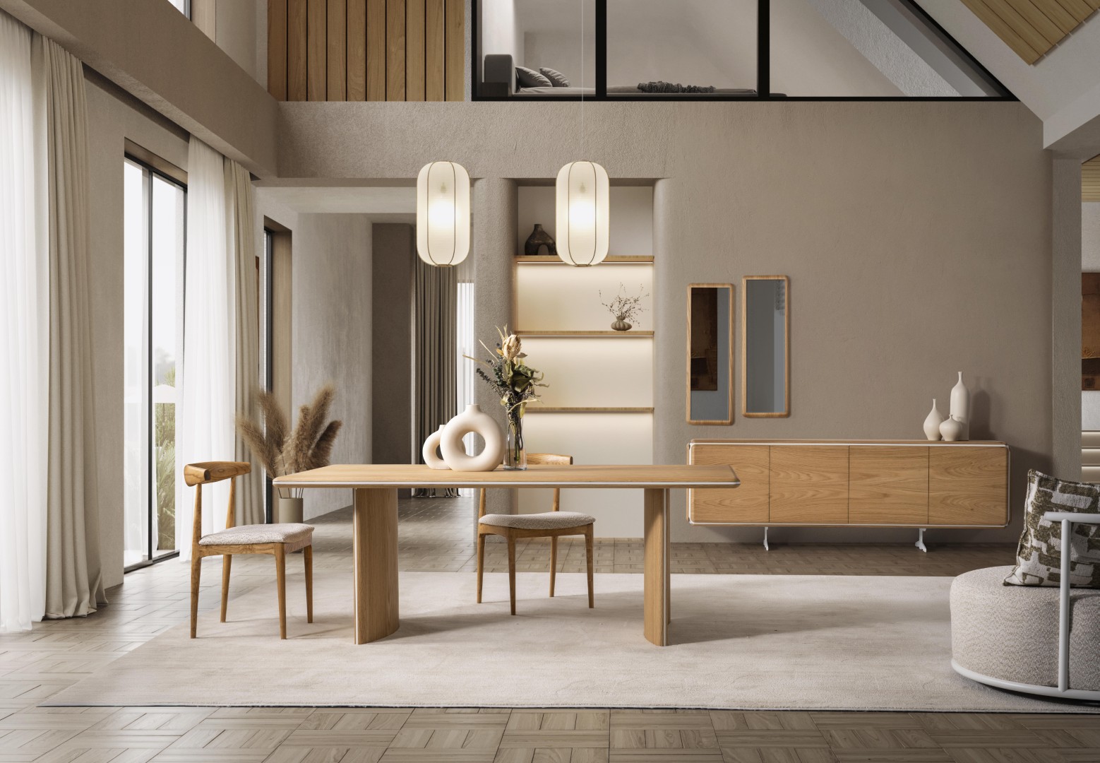 Elegantes braunes Holz Esstisch- und Stuhl-Set mit Sideboard