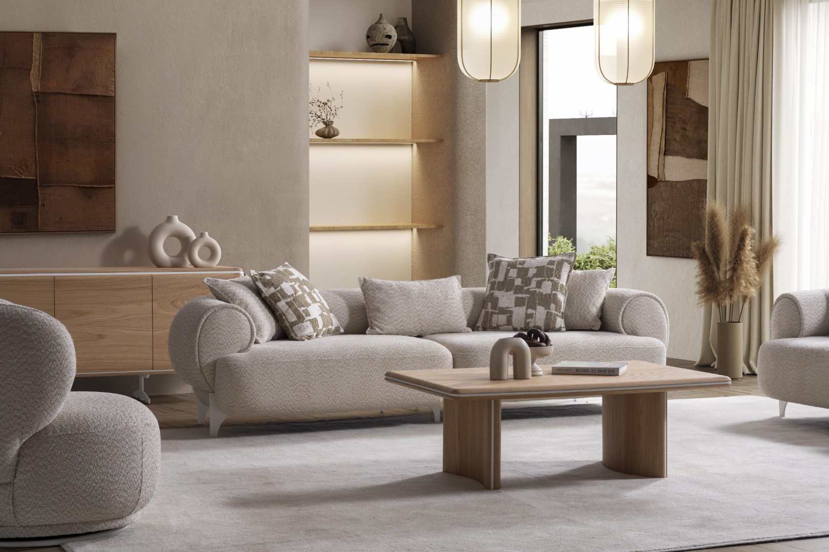 Beige Textil-Sofa 3-Sitzer modernes Wohnzimmermöbel