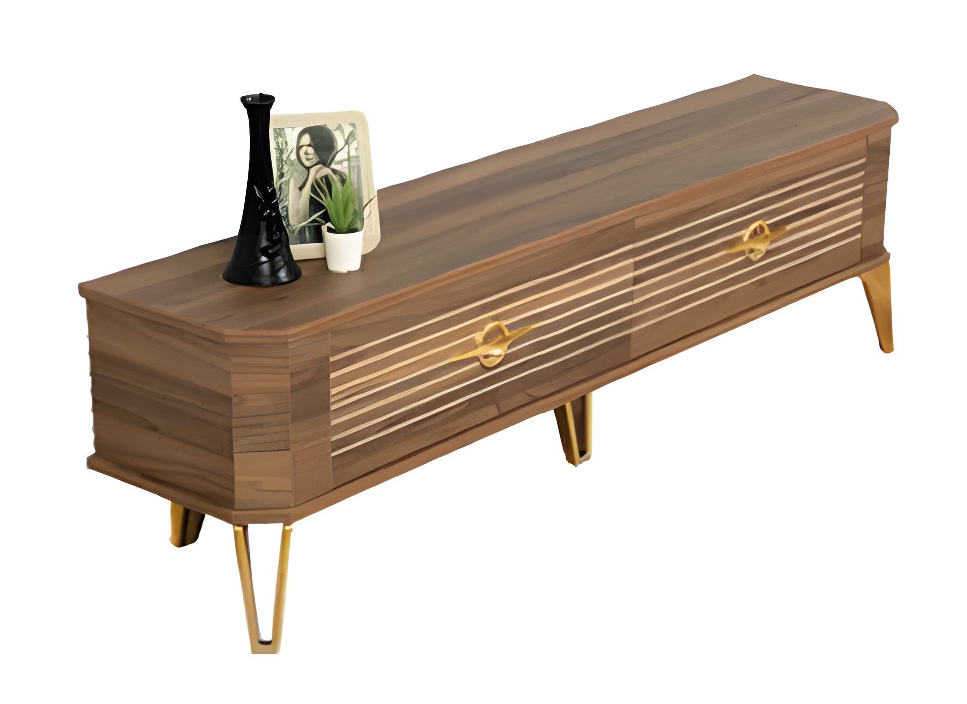 Geräumiger TV-Lowboard mit funktionalen Schubladen und goldenen Details