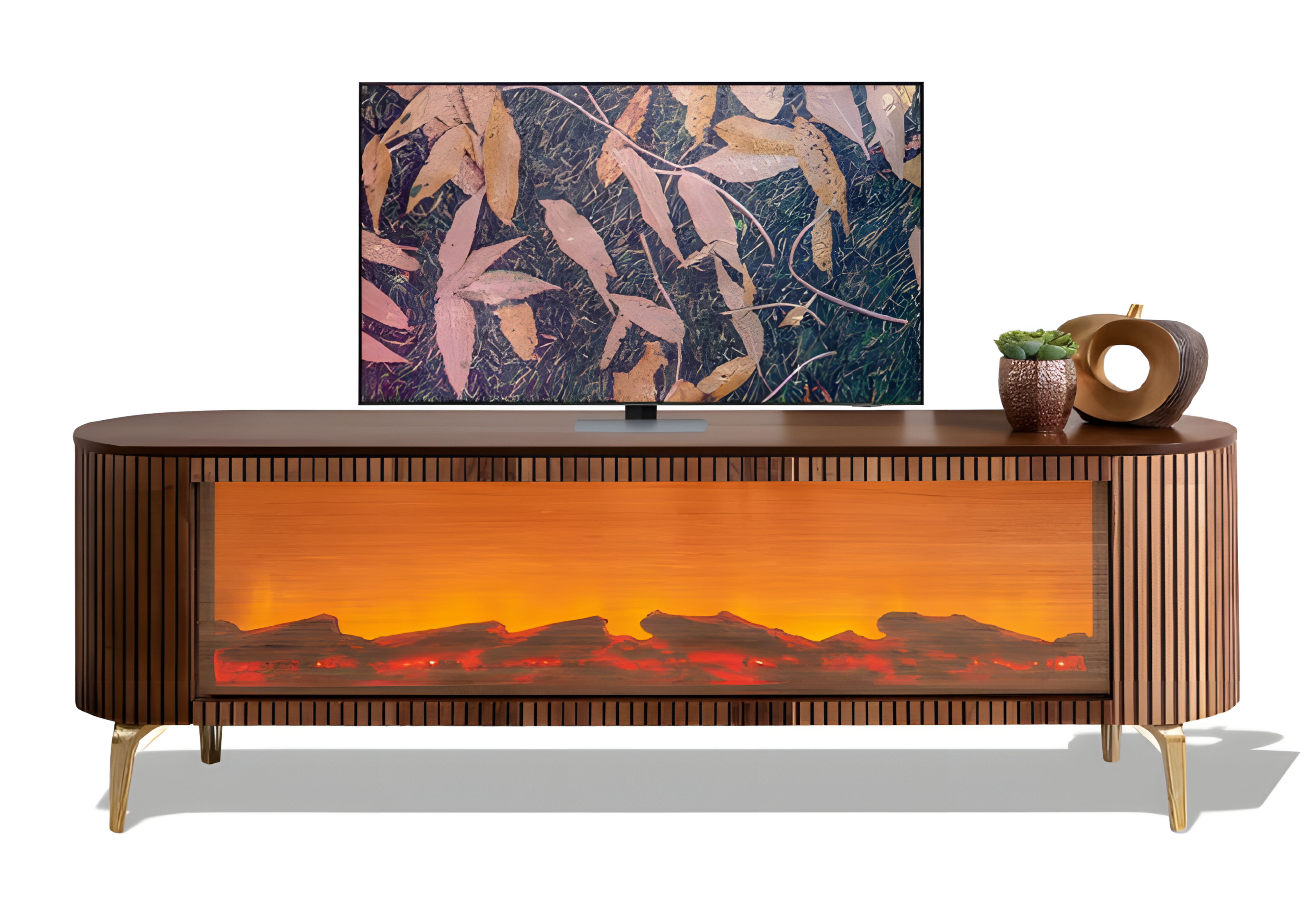 TV-Lowboard mit geriffelter Oberfläche, Bluetooth-Kamin und Farbwechsel