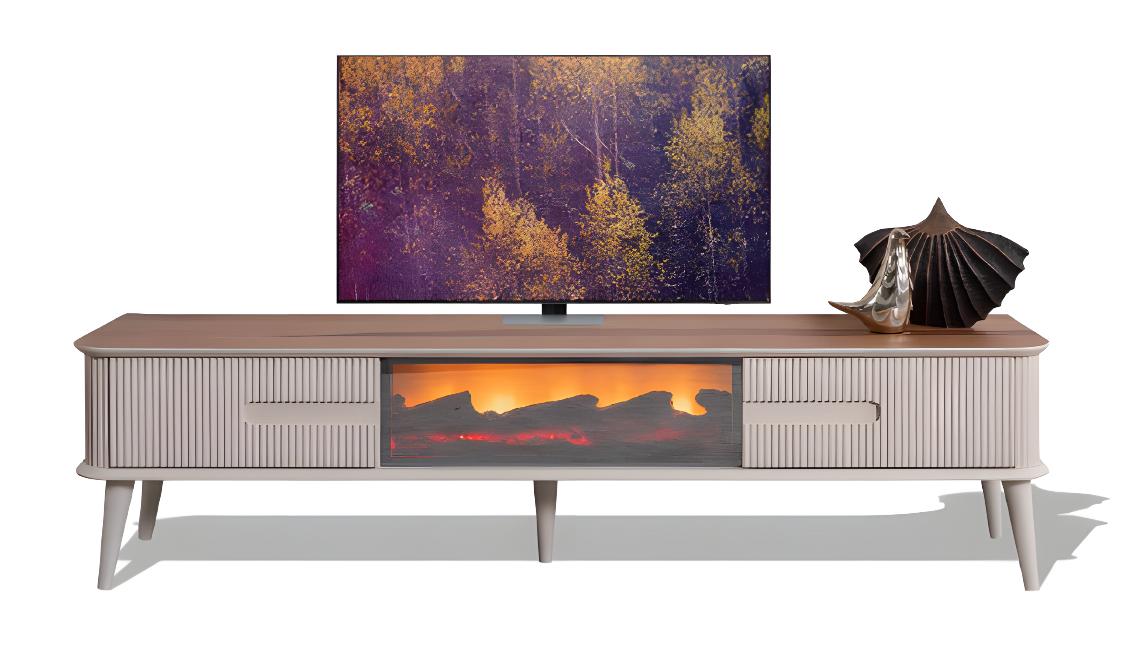 Ein beeindruckender TV-Lowboard mit Kamin, Fernbedienung und Farbwechsel