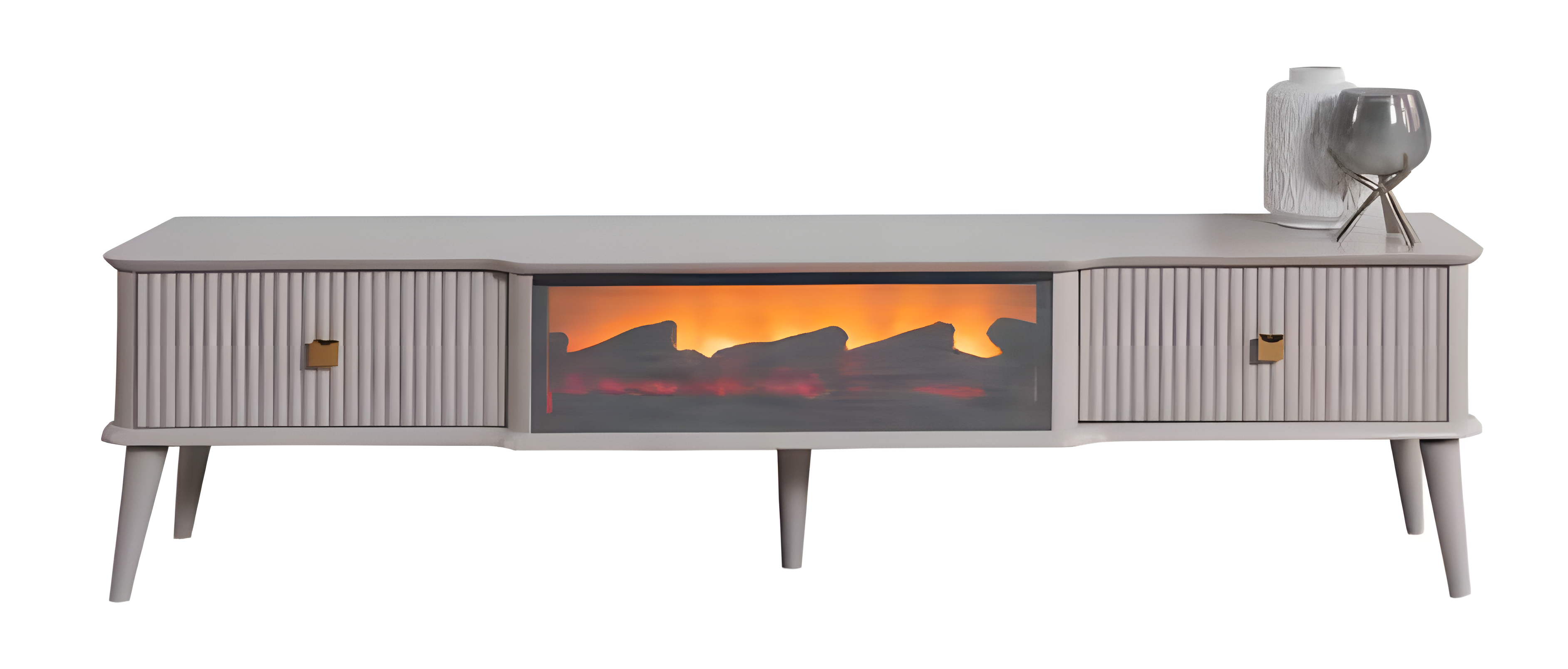 Der perfekte TV-Lowboard mit einem gemütlichen E-Kamin in der Mitte