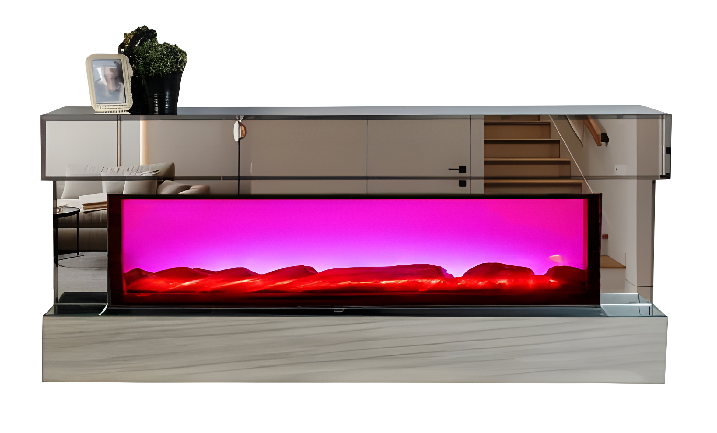 TV-Lowboard in eleganter Hochglanzausführung mit Holzsockel und Kamin