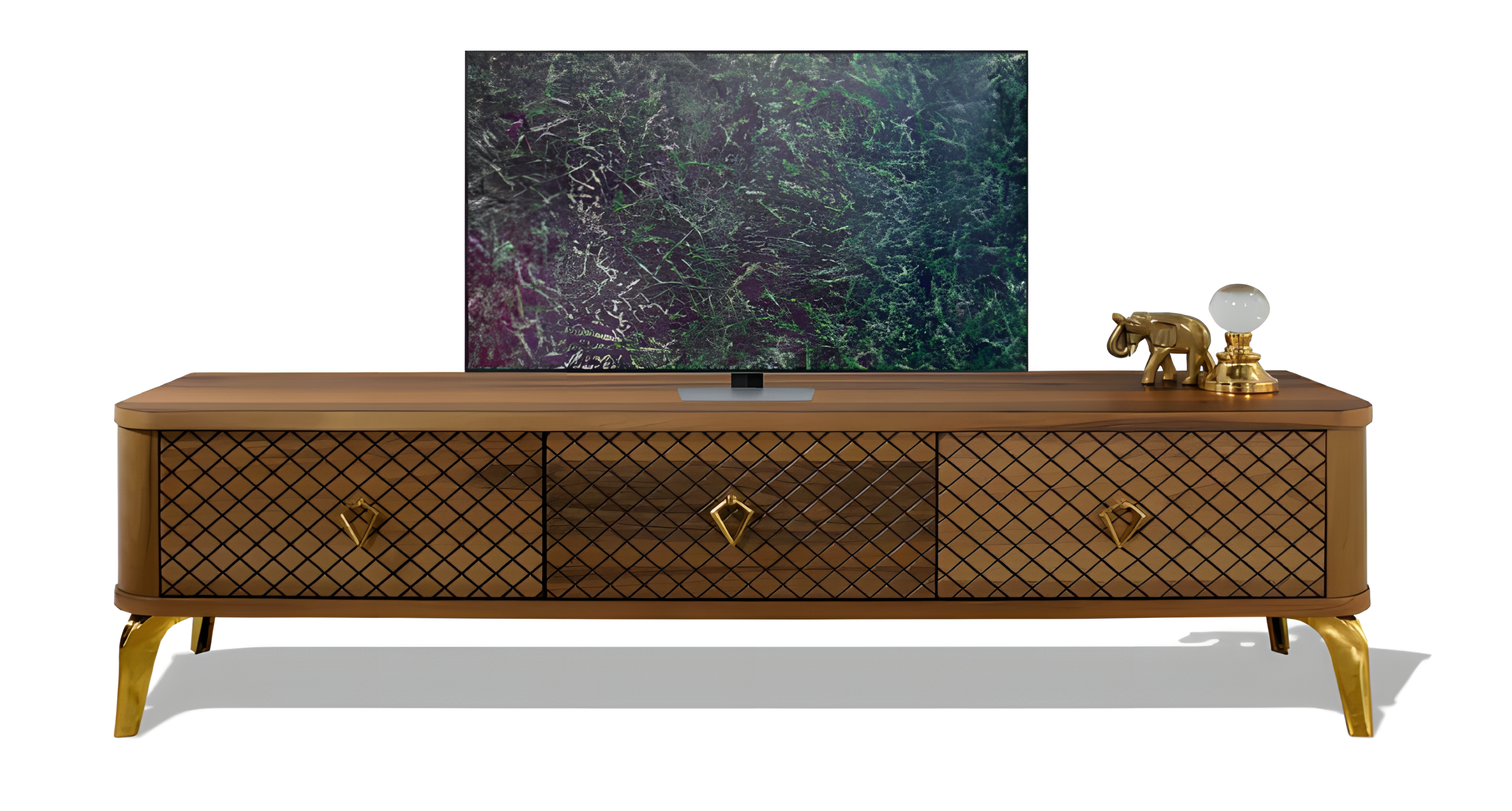 Geometrisches Muster an den Fronten, MDF-Korpus und edle Goldakzente