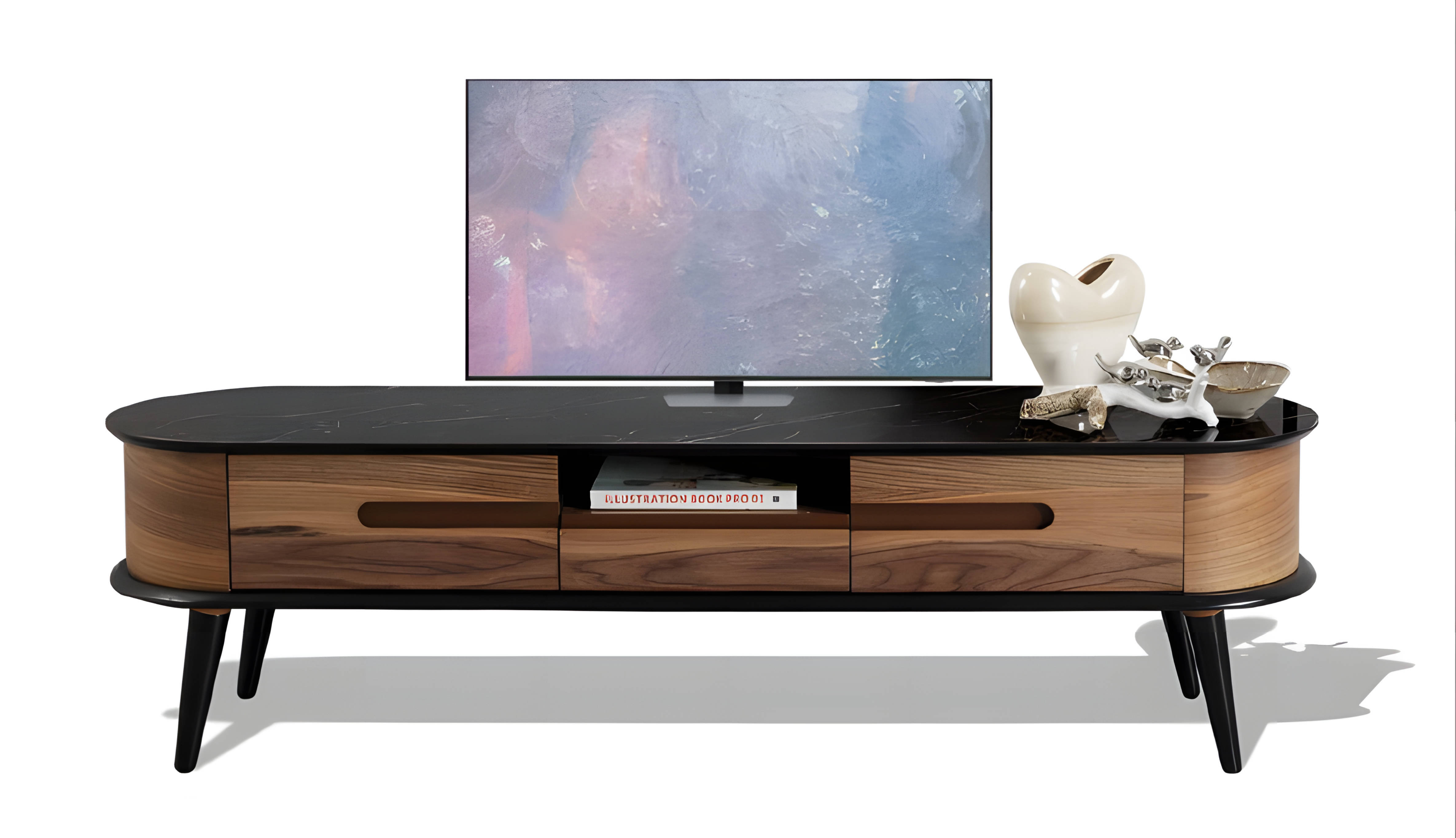 Praktische Medienkonsole mit matter schwarzer Oberfläche in ovaler Form