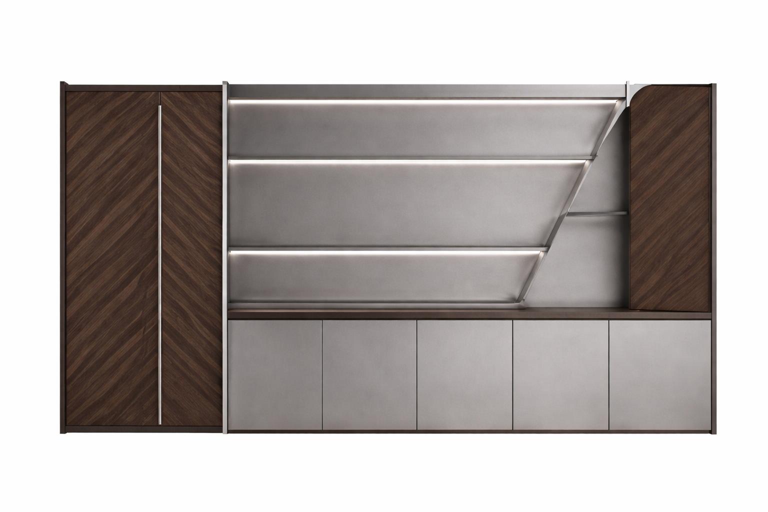 Moderner Büroschrank aus Holz und Metall mit eleganten Regalen