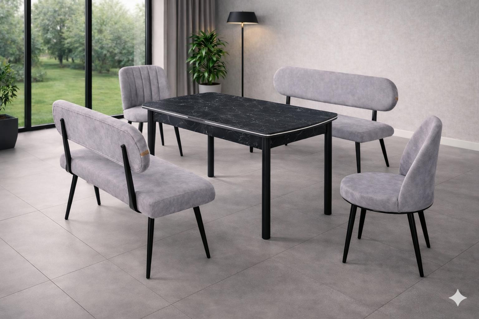 Tisch 2x Stühle Bank mit Rückenlehne Esszimmer Stil modern Farbe grau