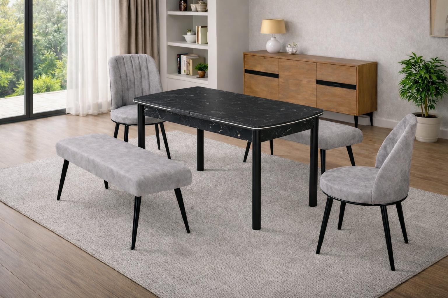 Esstisch 2x Stühle Bank Esszimmer Stil modern Farbe grau quadratisch