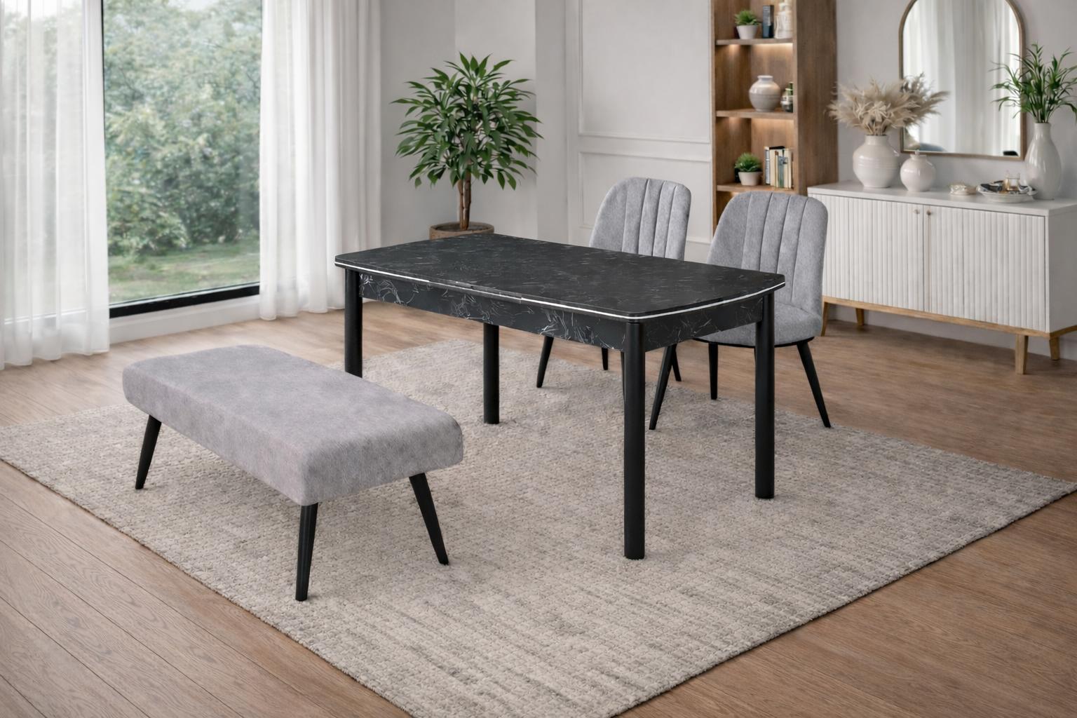 Esstisch 2x Stühle Bank Esszimmer Stil modern Farbe grau bequem quadratisch