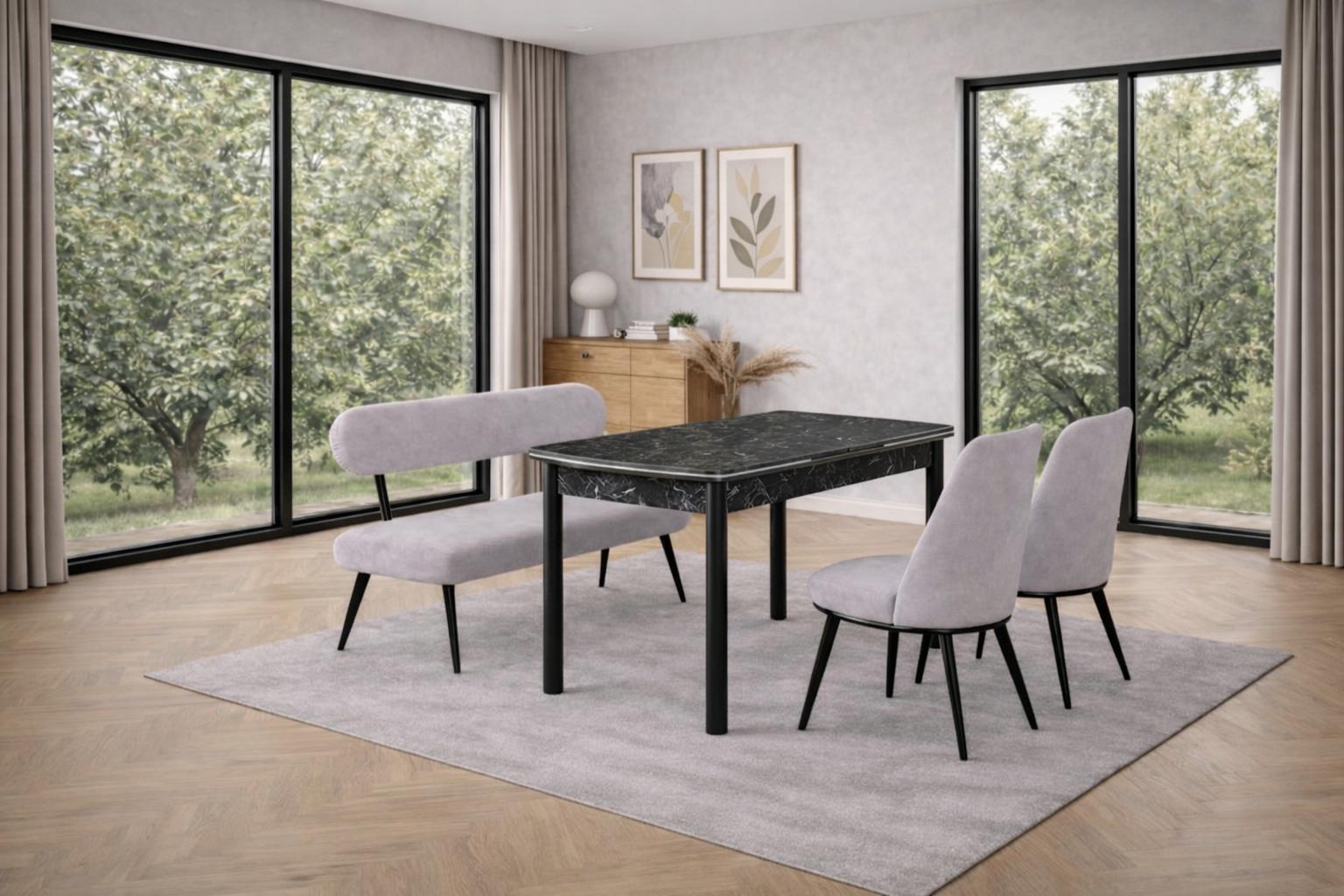 Esstisch 2x Stühle Bank mit Rückenlehne Esszimmer Stil modern Farbe grau