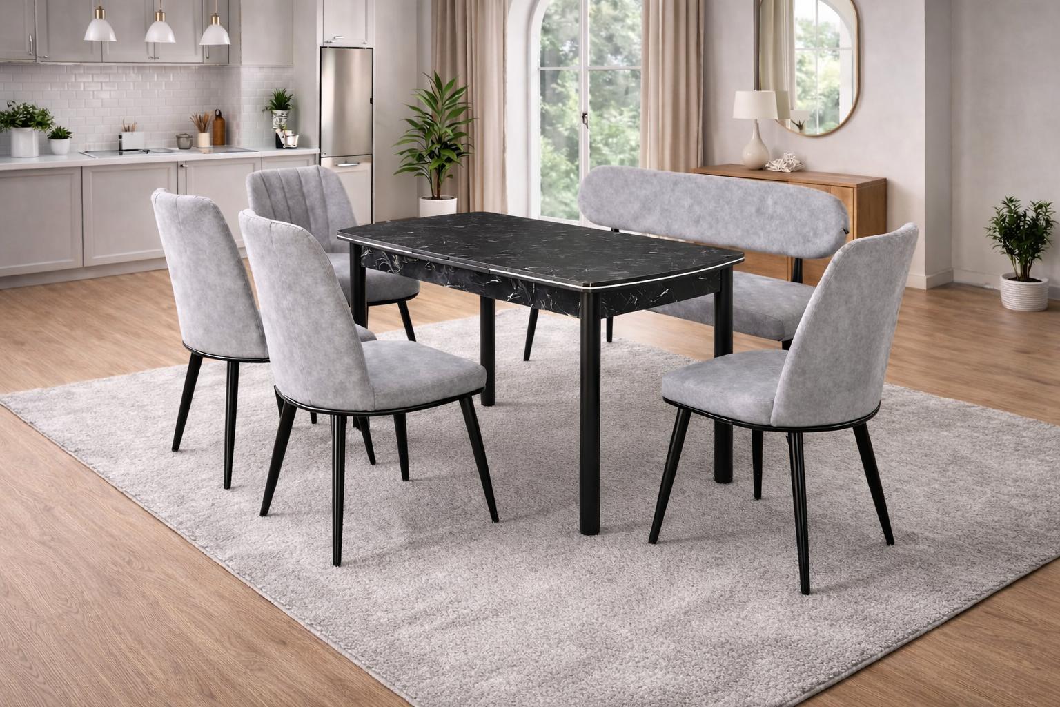 Esstisch 4x Stühle Bank mit Rückenlehne Esszimmer Stil modern Farbe grau