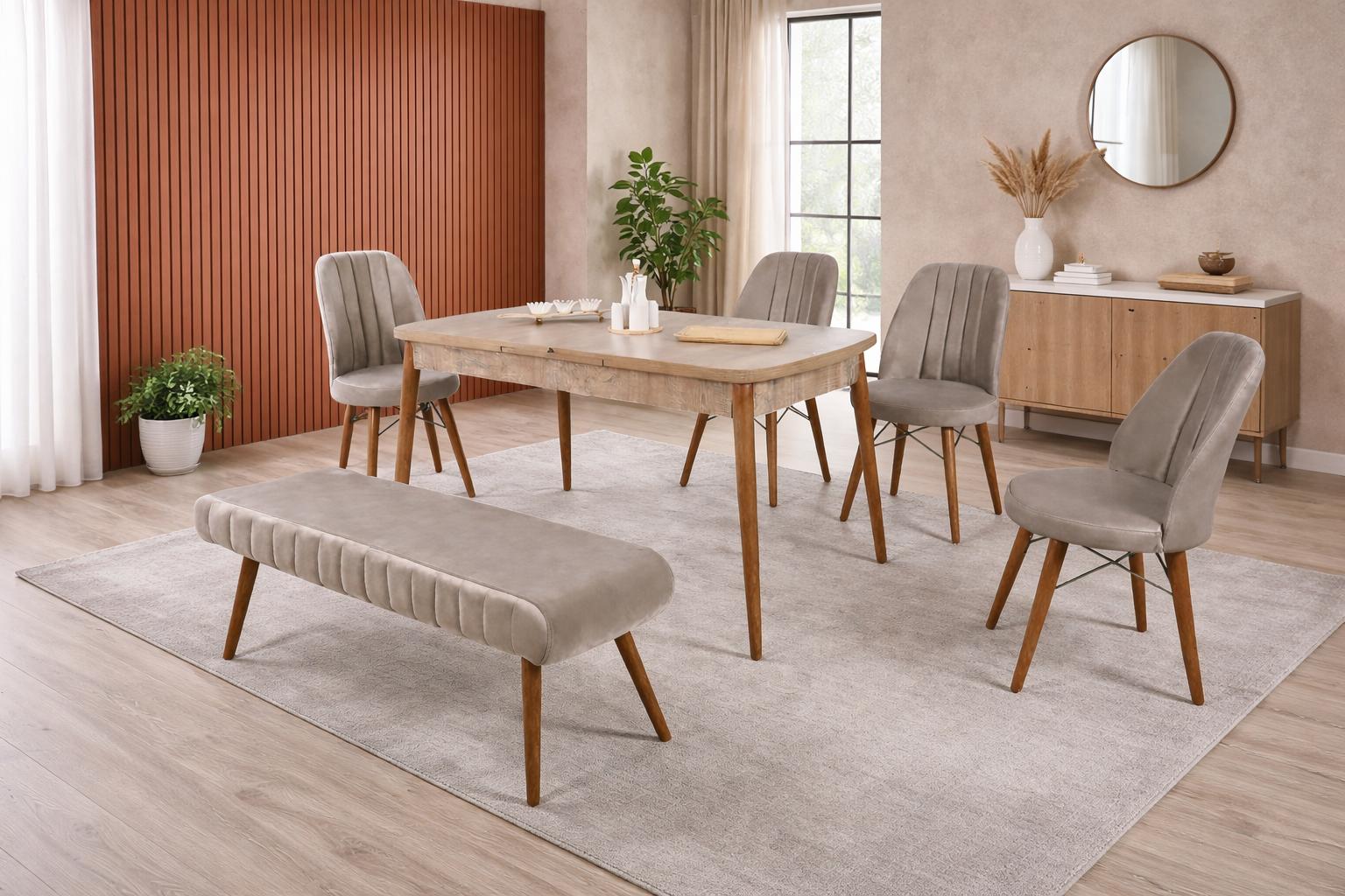 Esstisch 4x Stühle Bank Esszimmer Stil modern Farbe braun quadratisch