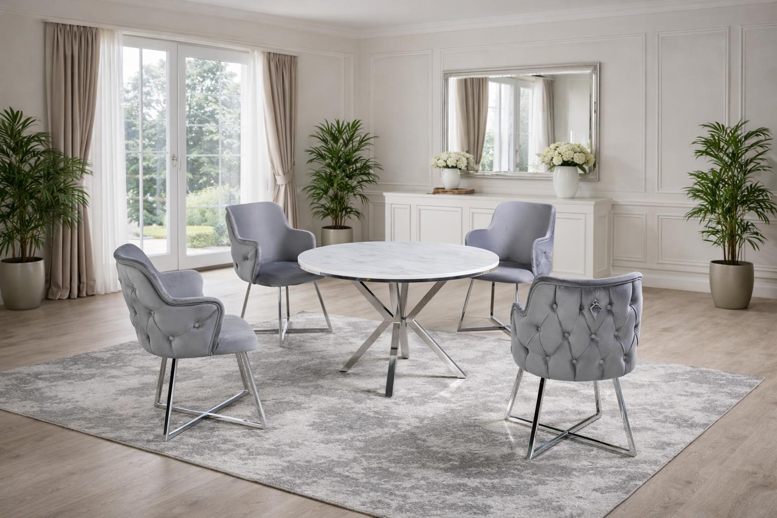 Tisch 4x Stühle Esszimmer Stil modern Farbe silber neu bequem rund weich
