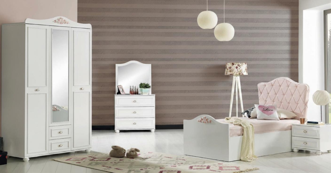 Elegantes  Jugendzimmer-Set mit Bett Nachttisch Schrank Schminktisch