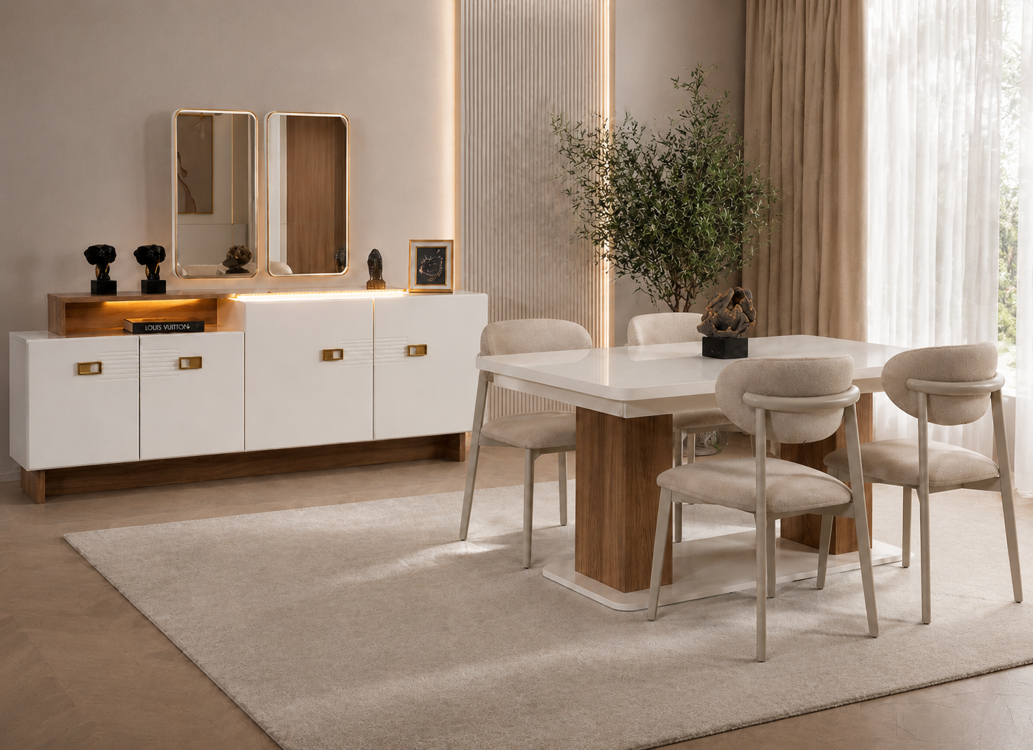 Elegantes Weißes Esszimmer Set Holztisch 4x Polsterstühle Sideboard