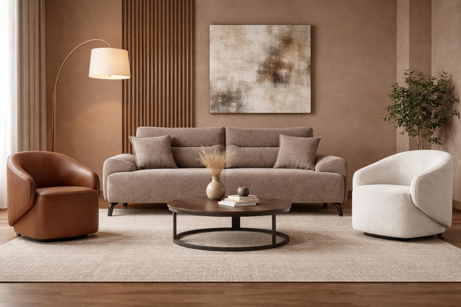 3 Sitzer Sofa 2x Sessel Wohnzimmer Stil modern Farbe braun weiß neu