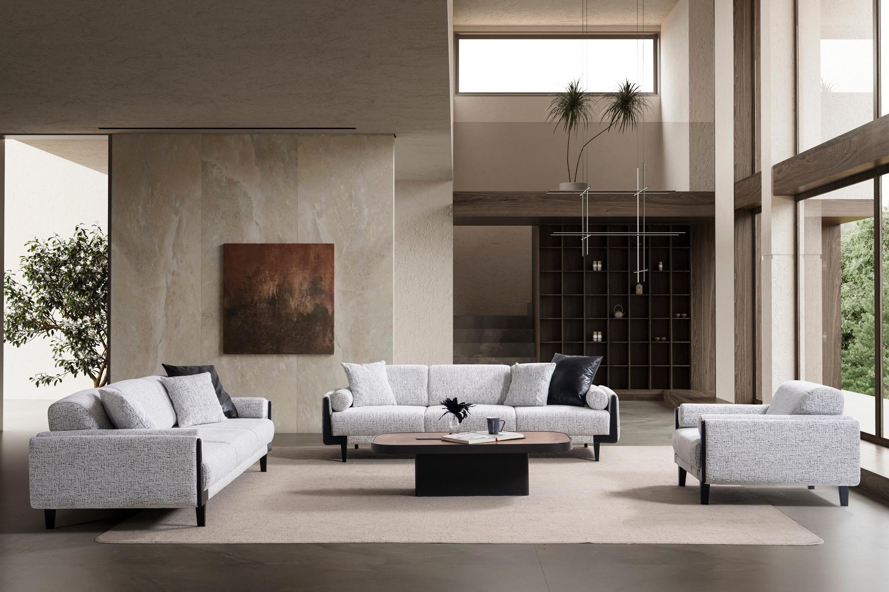 Sofa Set 2x 3-Sitzer 1x Sessel Modern Grau Luxus Design Couch Garnitur