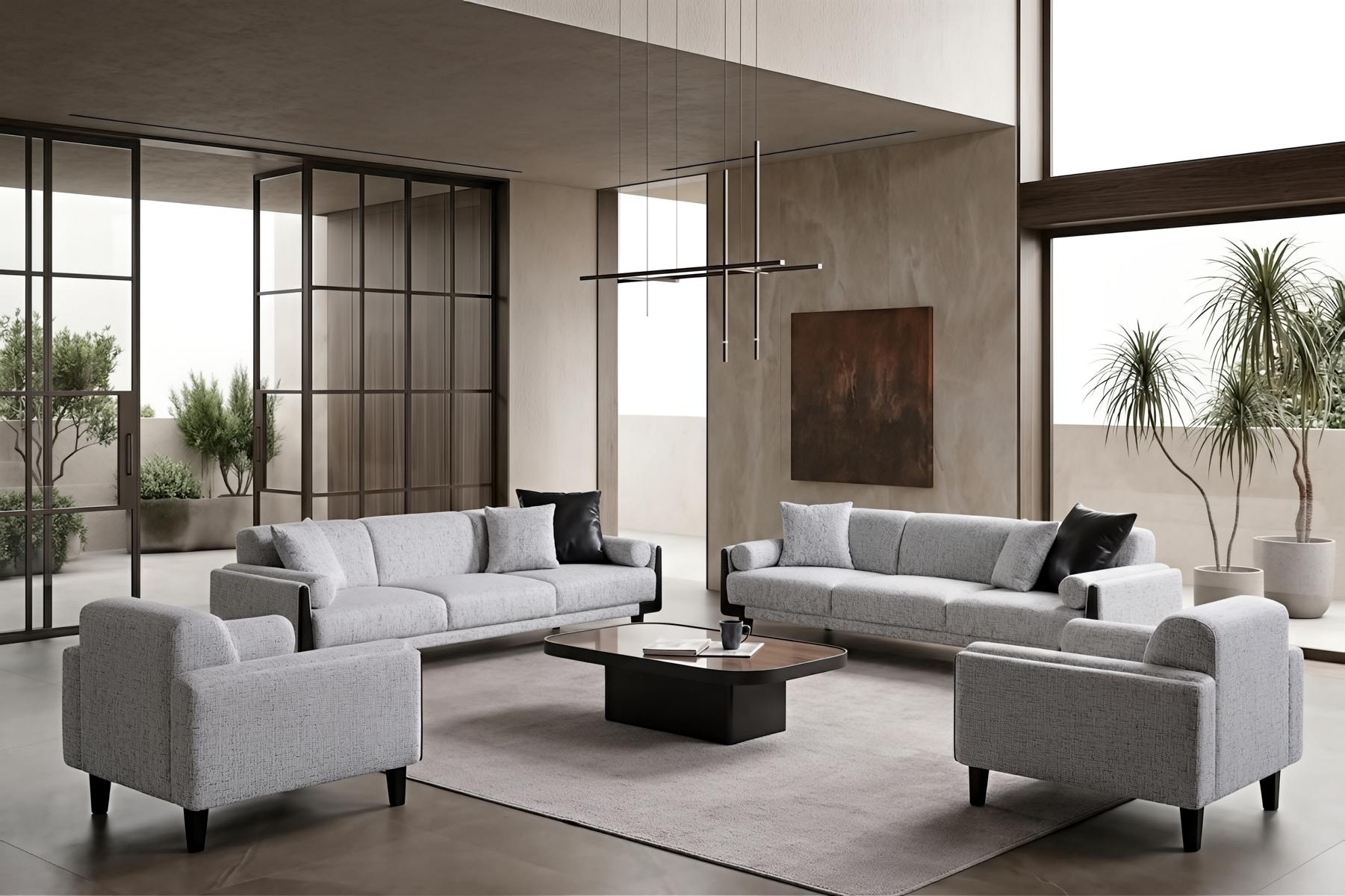 Sofa Set 2x 3-Sitzer Sofa 2x Sessel Modern Grau Stilvoll Bequem Neu