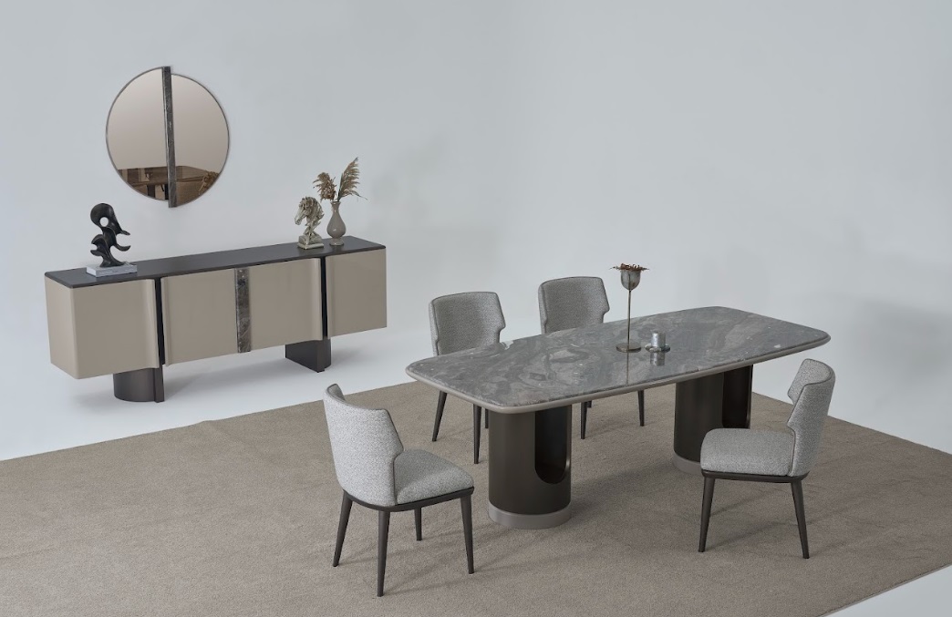 Esszimmer Design Esstisch mit 4x Stühle Komplettes Sideboard mit Spiegel
