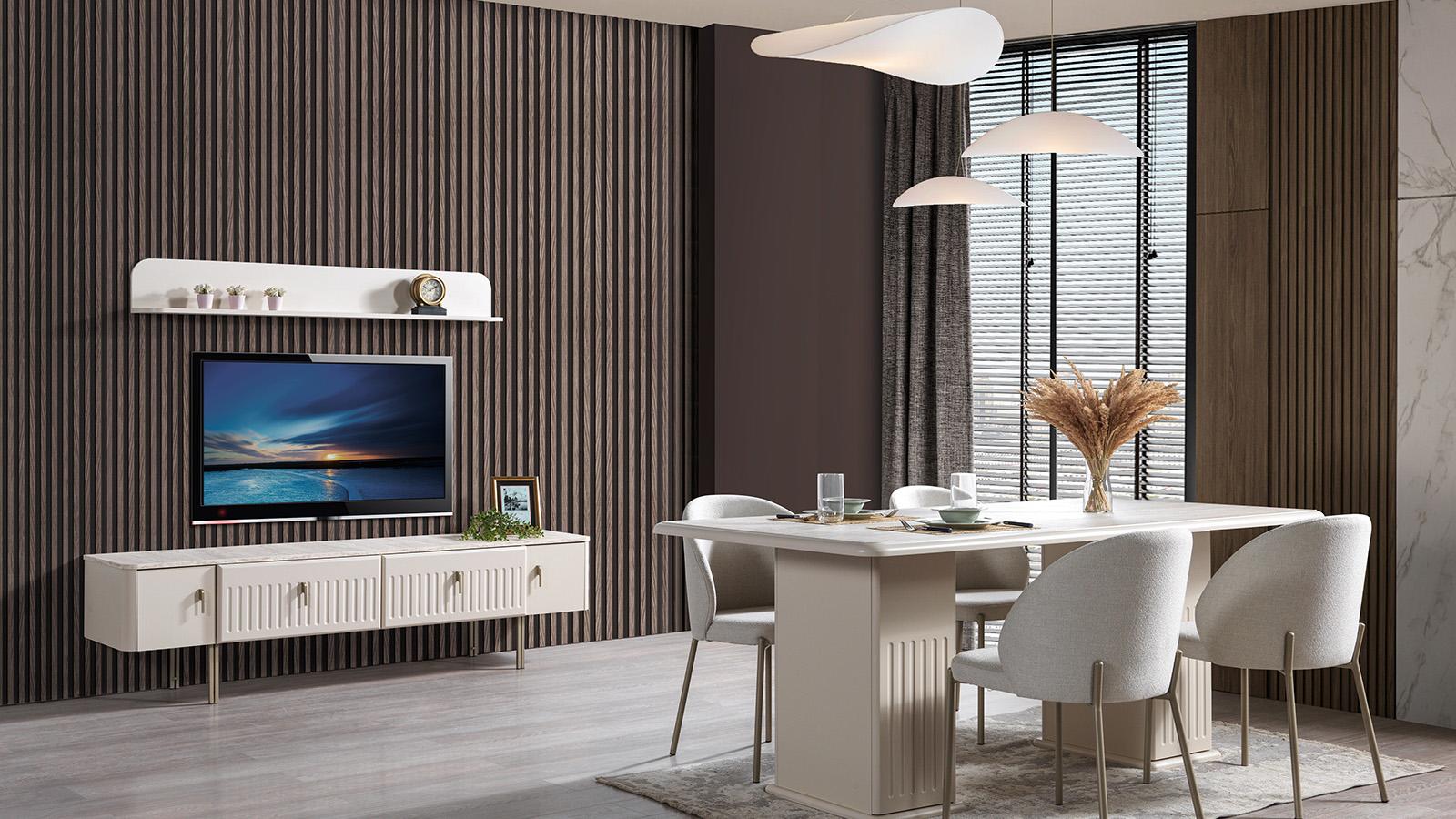 TV unit Esstisch 4x Stühle Esszimmer Stil modern Farbe weiß neu praktisch