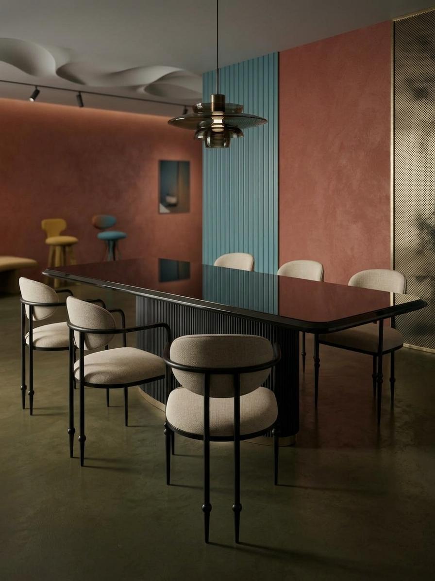 Modernes Esszimmer-Set schwarzer Esstisch sechs gepolsterte Stühle luxuriös