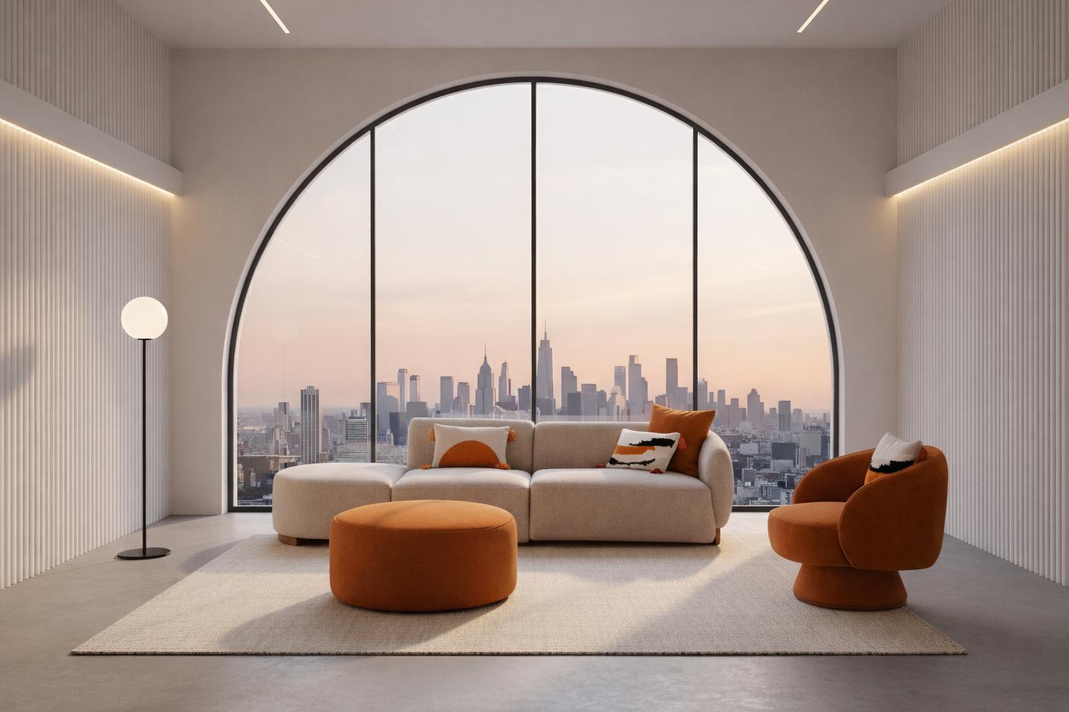 Luxuriöses beiges Wohnzimmer-Set 4 + 1-Sitzer runder Hocker Designer-Set