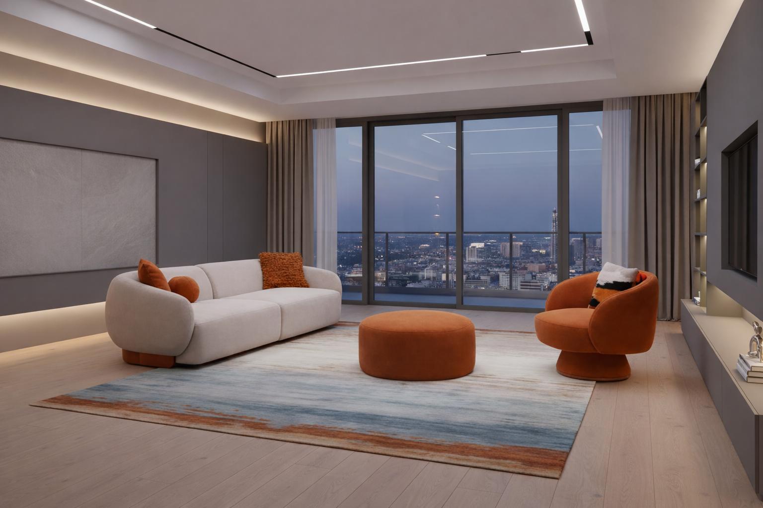 Beiges Wohnzimmer-Set 3 + 1-Sitzer runder Sitzhocker hochwertig modern