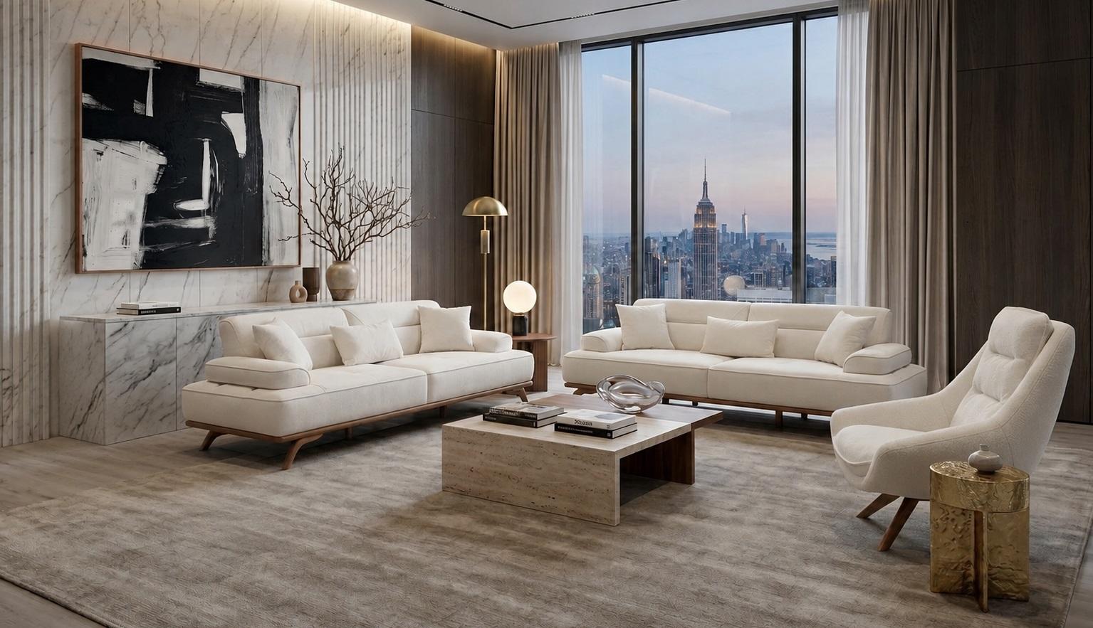 Polstergarnitur 3Sitzer sofa Sessel Stoff Kissen Weiß Modern Elegant