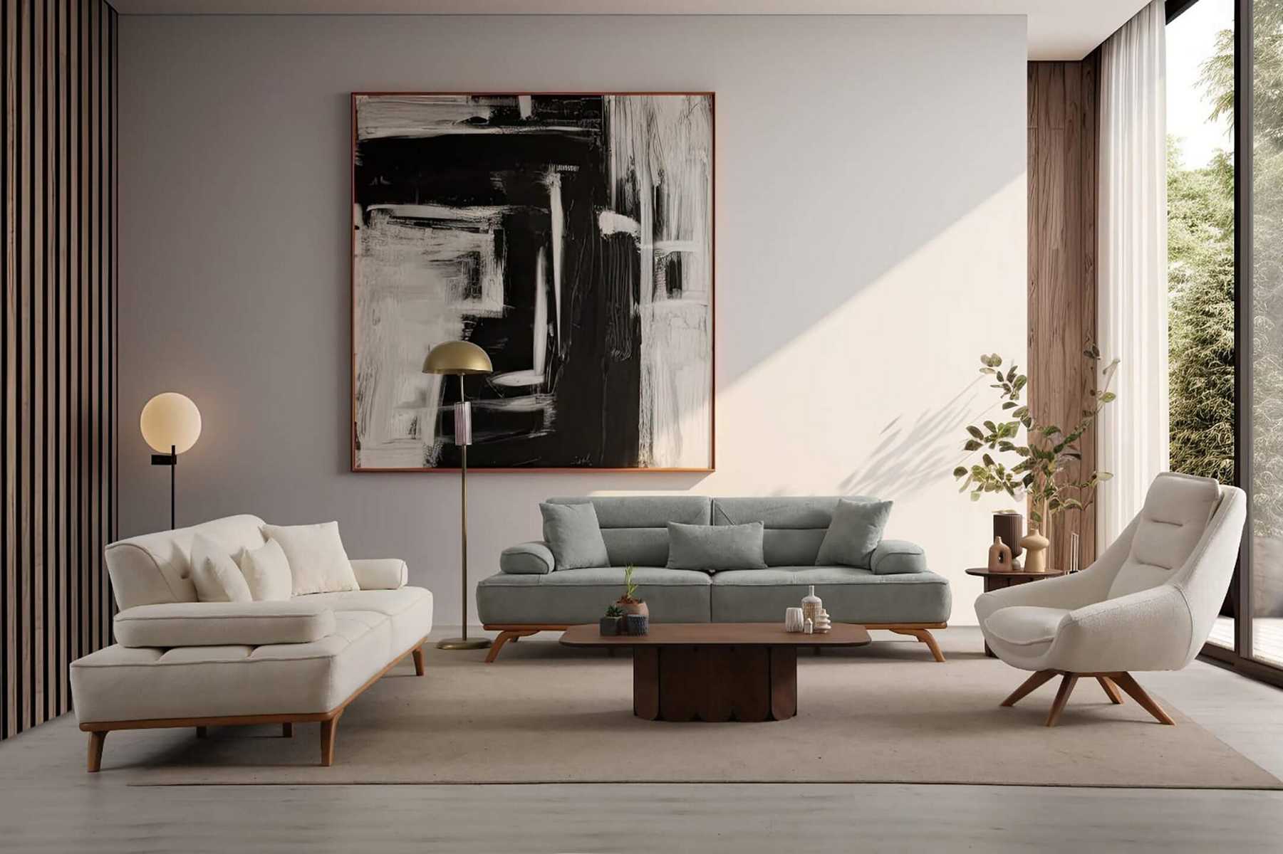 Polstergarnitur 3Sitzer sofa Sessel Stoff Kissen Weiß Grün Modern Neu