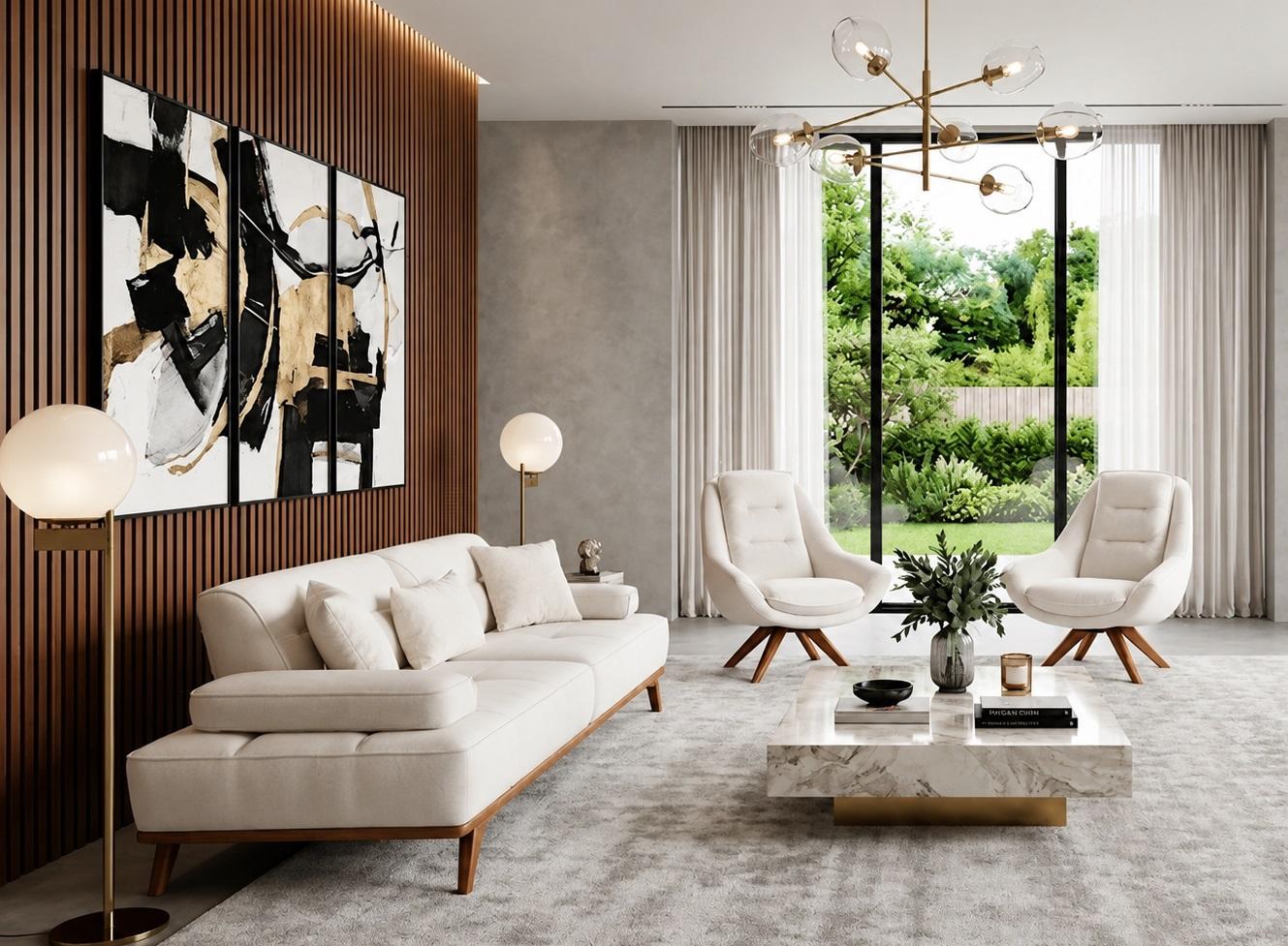 Polstergarnitur 3Sitzer sofa Sessel Stoff Kissen Weiß Modern Elegant
