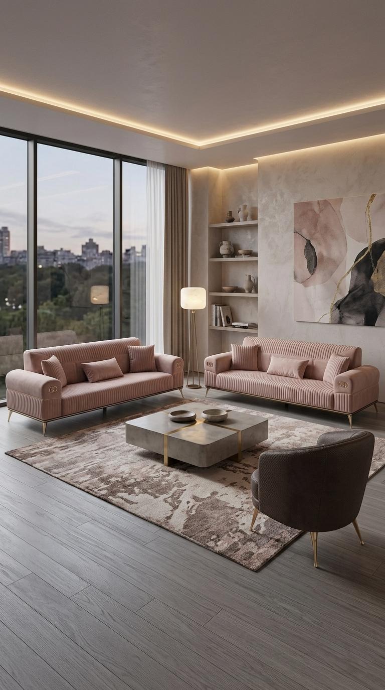 Sofa Set 2x 3 Sitzer 1x Sessel Modern Rosa Elegant Polster Garnitur