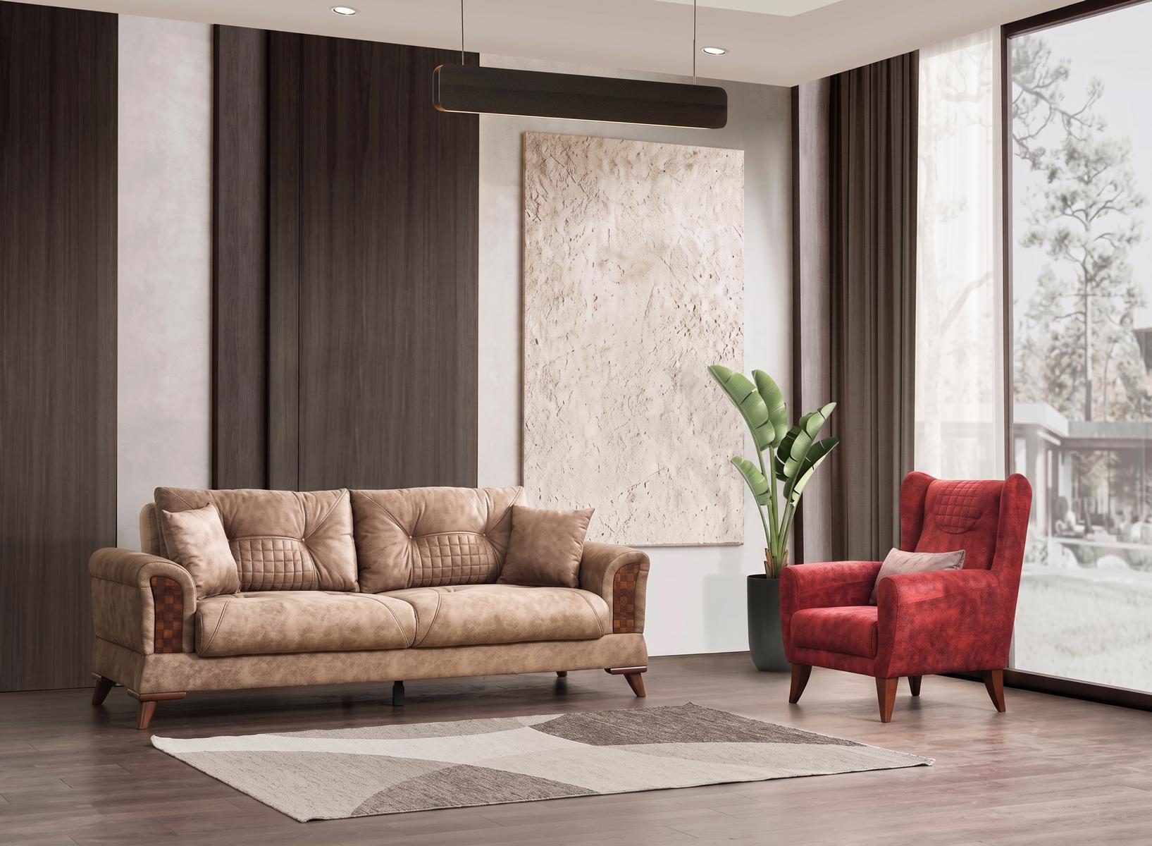 Sofa Set 1x 3 Sitzer 1x Sessel Modern Braun Rot Elegant Design Couch