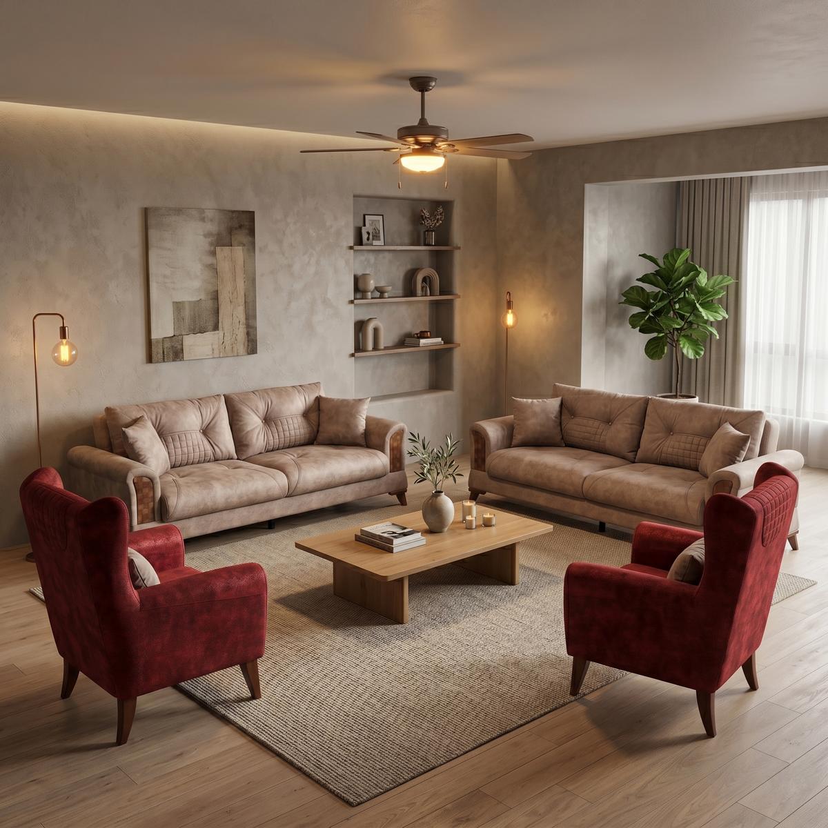 Sofa Set 2x 3 Sitzer 2x Sessel Modern Braun Rot Elegant Couch Garnitur