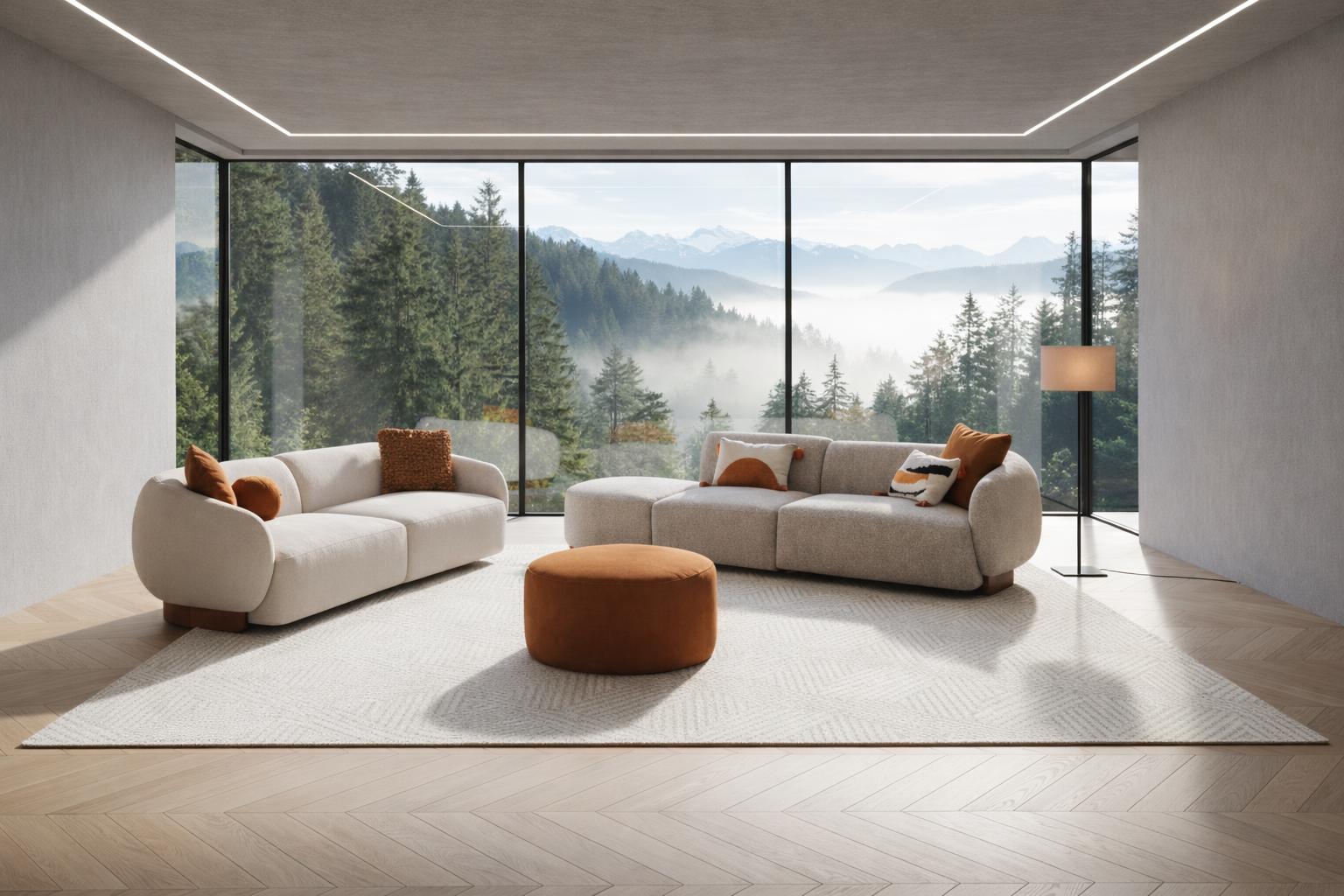 Modernes Wohnzimmer-Set 4+3-Sitzer-Sofas in Beige orangefarbener Hocker