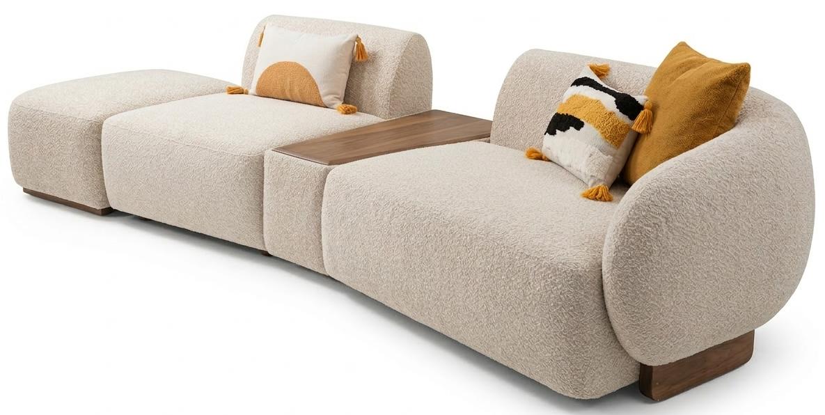Luxuriöser beigefarbener 4-Sitzer-Sofa mit Tisch Stoffsofa Wohnzimmermöbel