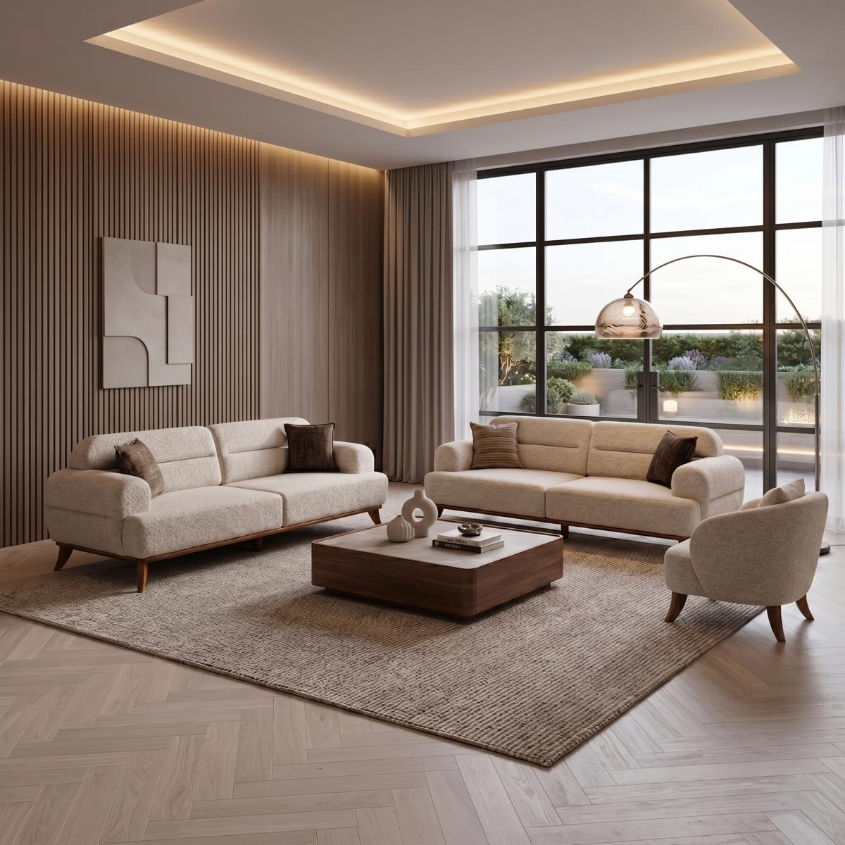 Sofa Set 2x 3-Sitzer 1x Sessel Modern Beige Bequem Skandi Design Edel