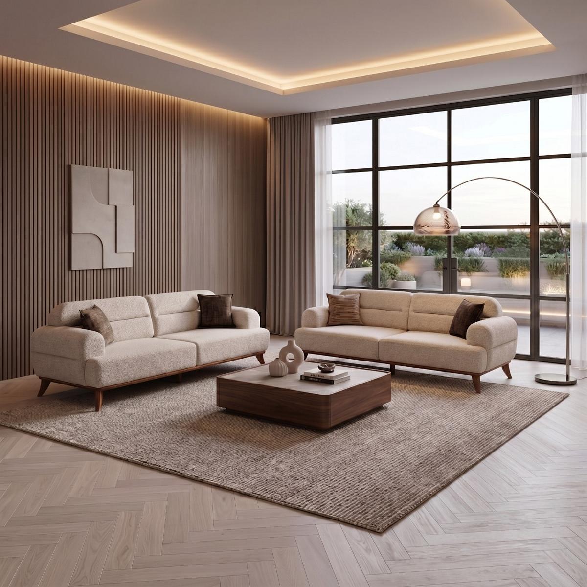 Sofa Set 2x 3-Sitzer Sofa Modern Beige Boucle Skandi Design Garnitur