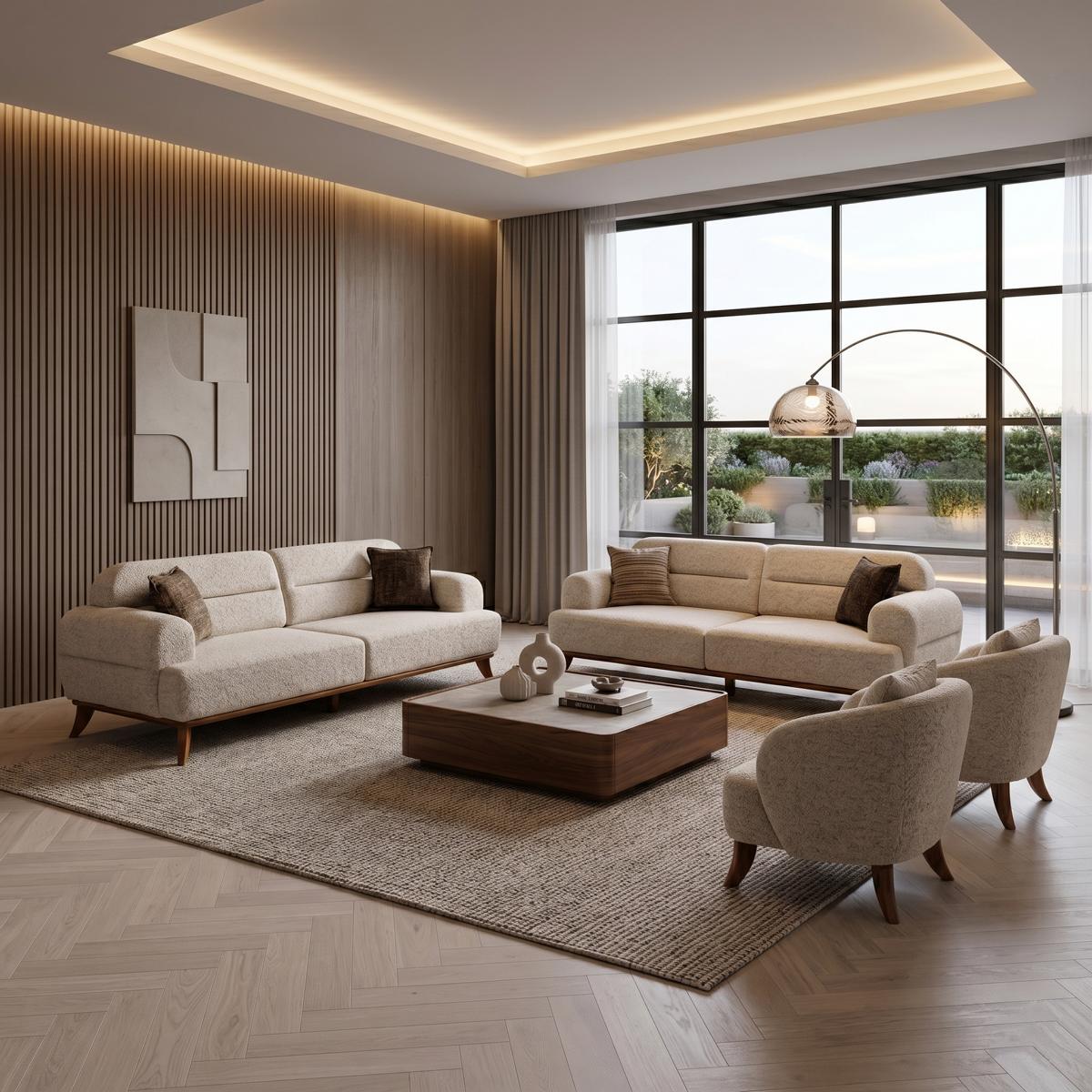 Sofa Set 2x 3-Sitzer 2x Sessel Modern Skandi Beige Bequem Boucle Garnitur