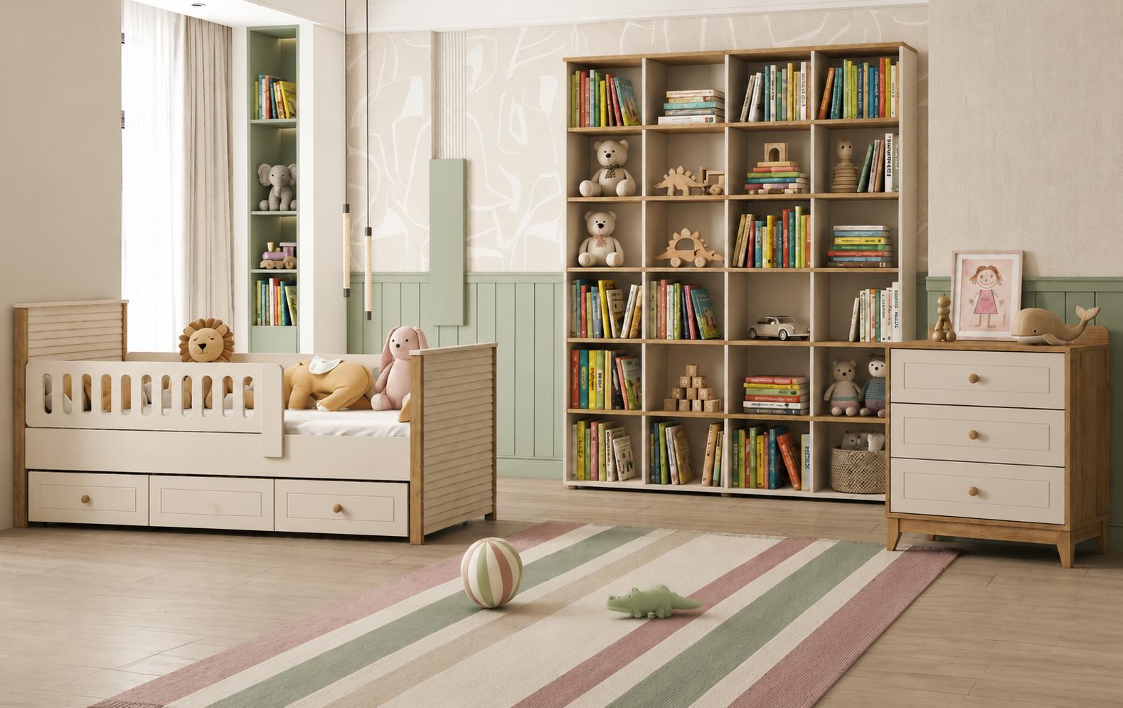 Kinderzimmer Set mit Kinderbett und Kommode in Weiß und Eichenholz