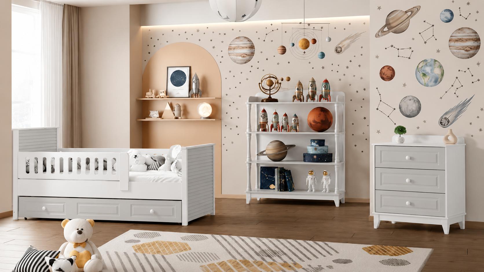 Gemütliches Kinderzimmer Set Kinderbett & Kommode in Weiß-Grau
