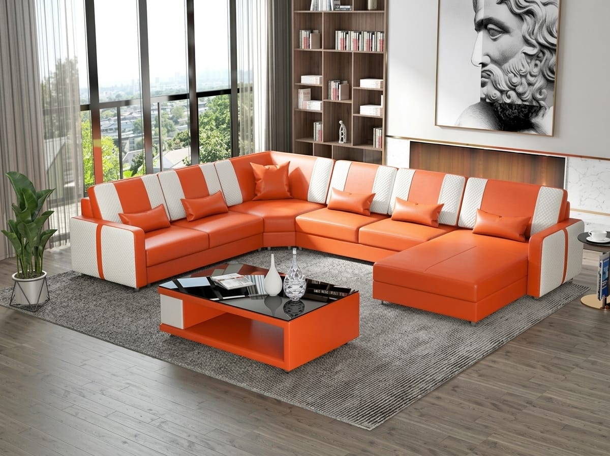 Leder Ecksofa U-Form Modern Orange Couchtisch Design Wohnlandschaft *