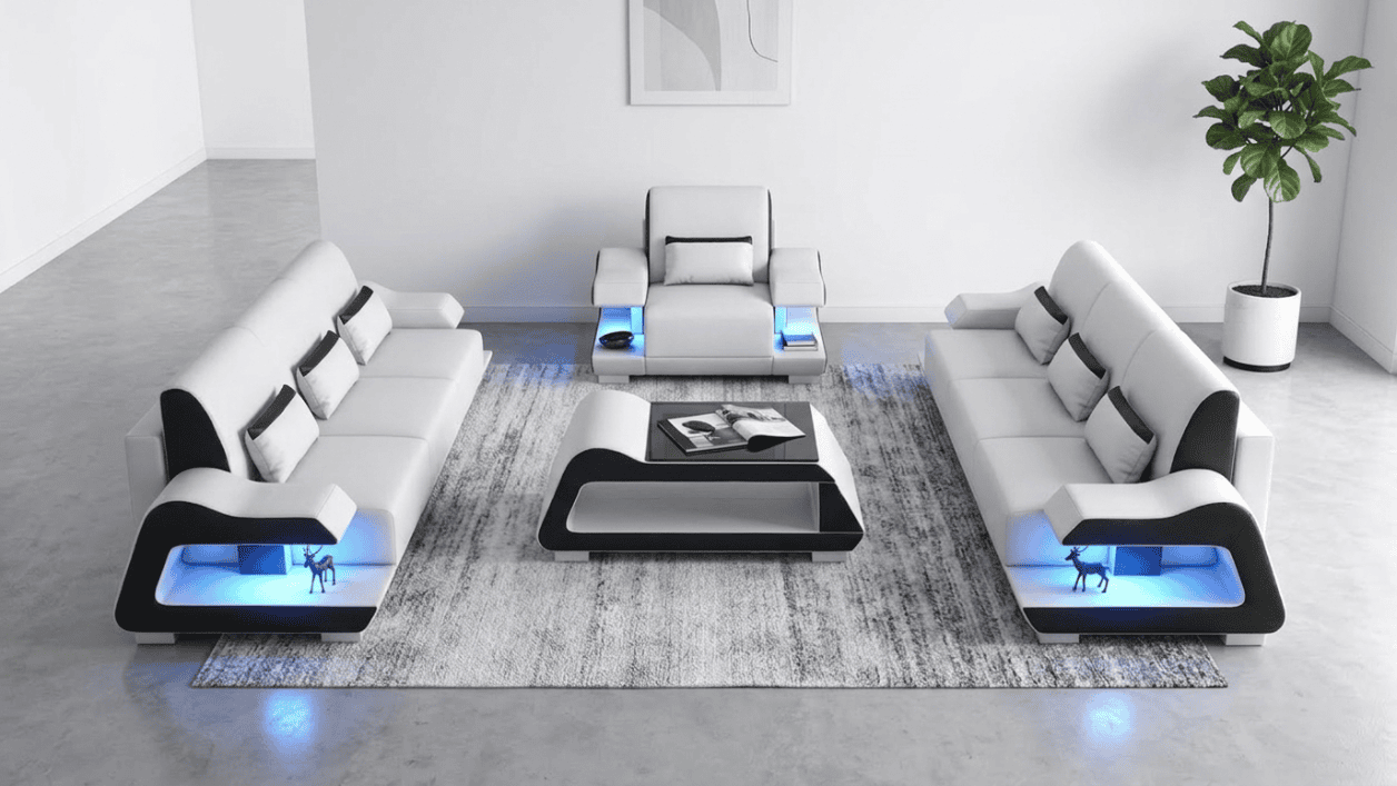Sofa Set 3+3+1 Modern Weiß Schwarz Premium LED Couchtisch Komfort *