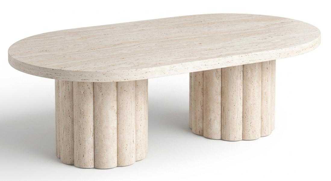 Couchtisch Oval Travertin Optik Beige Modern Design Rillen Beine