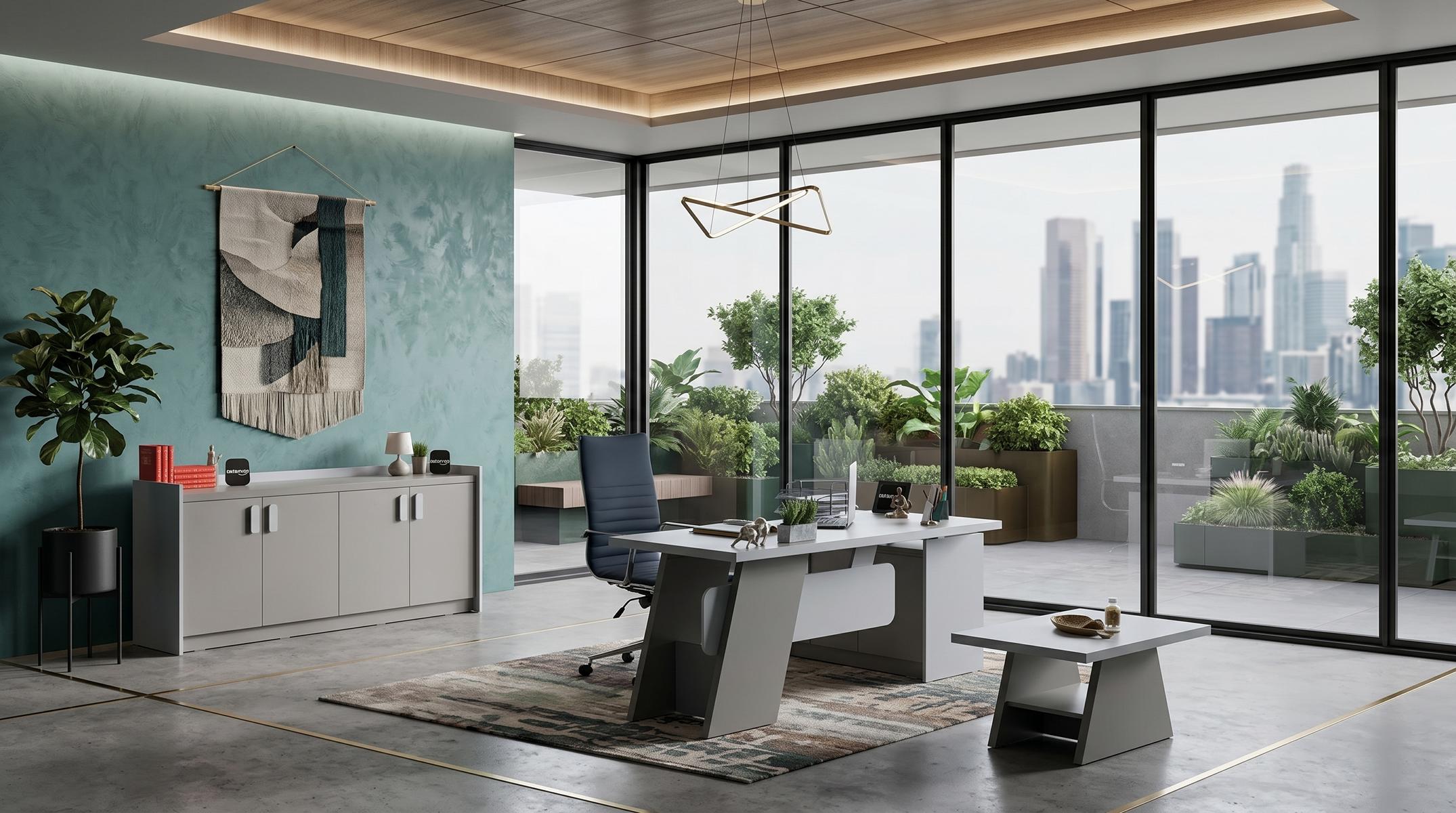 Graues Büro-Set Schreibtisch Schrank Couchtisch Designermöbel  modern