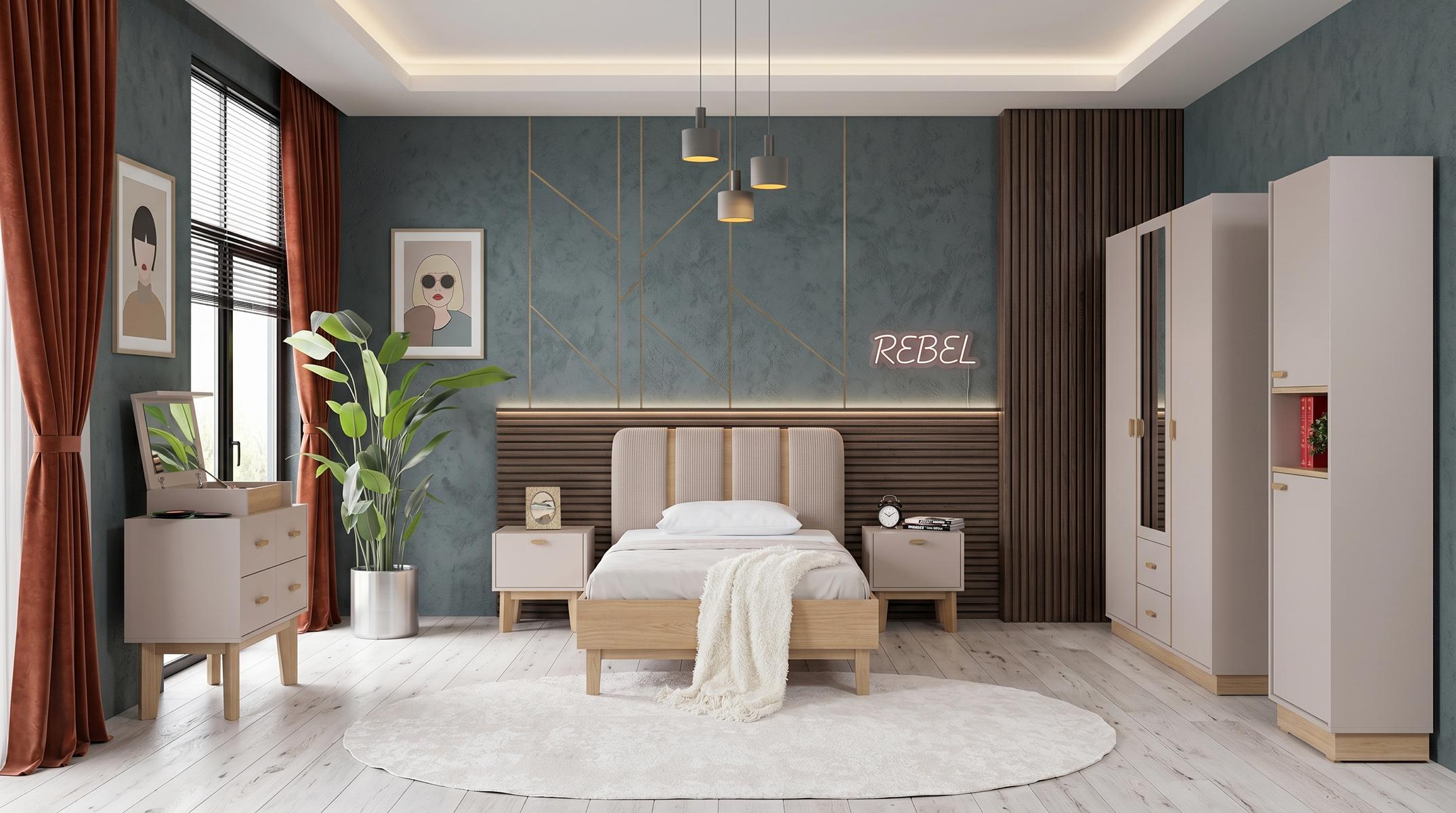 Beiges Jugendzimmer Bett Nachttische Kleiderschrank Kommode Bücherregal