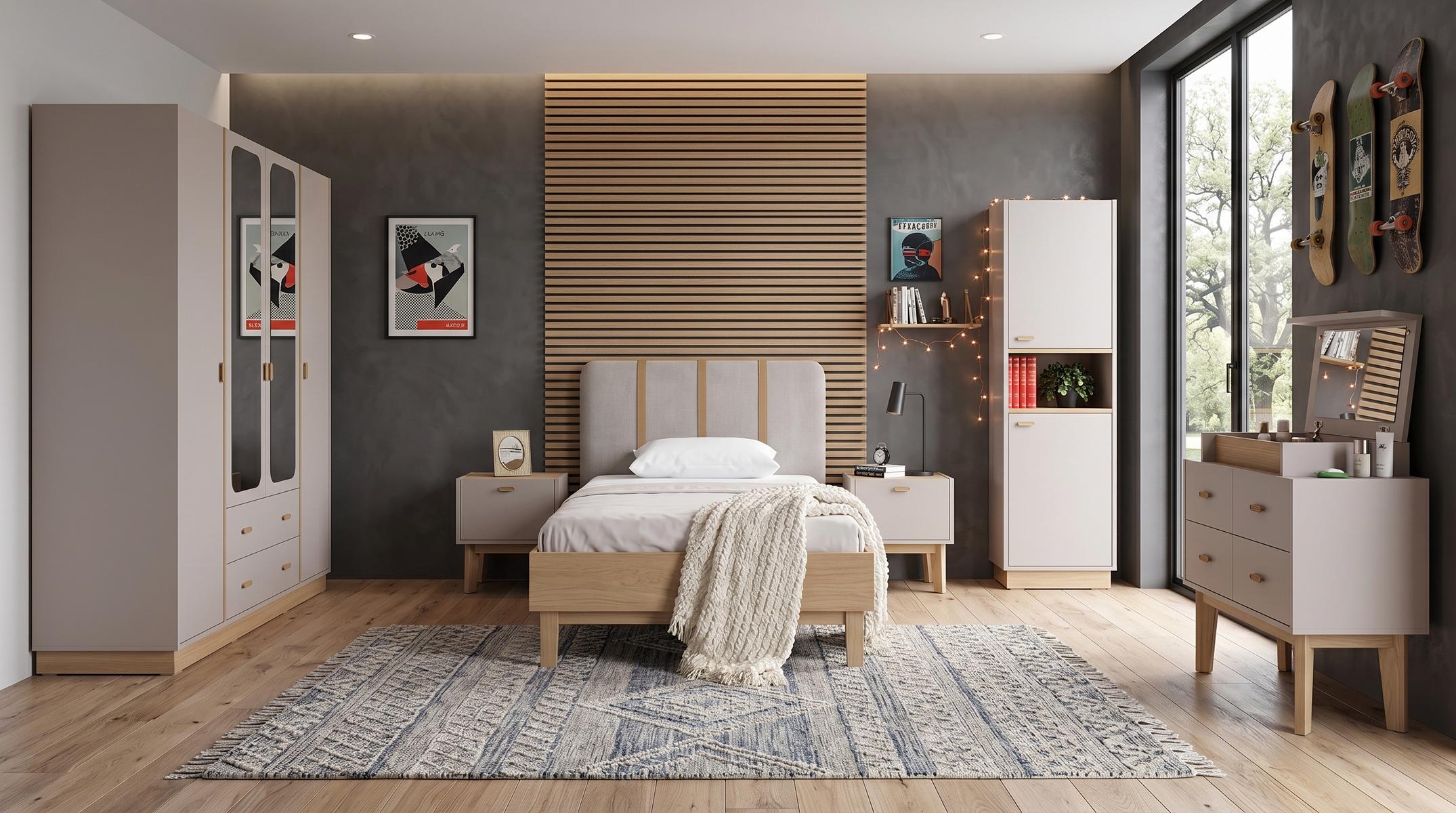 Beiges Jugendzimmer Bett Kleiderschrank Nachttische Kommode Bücherregal