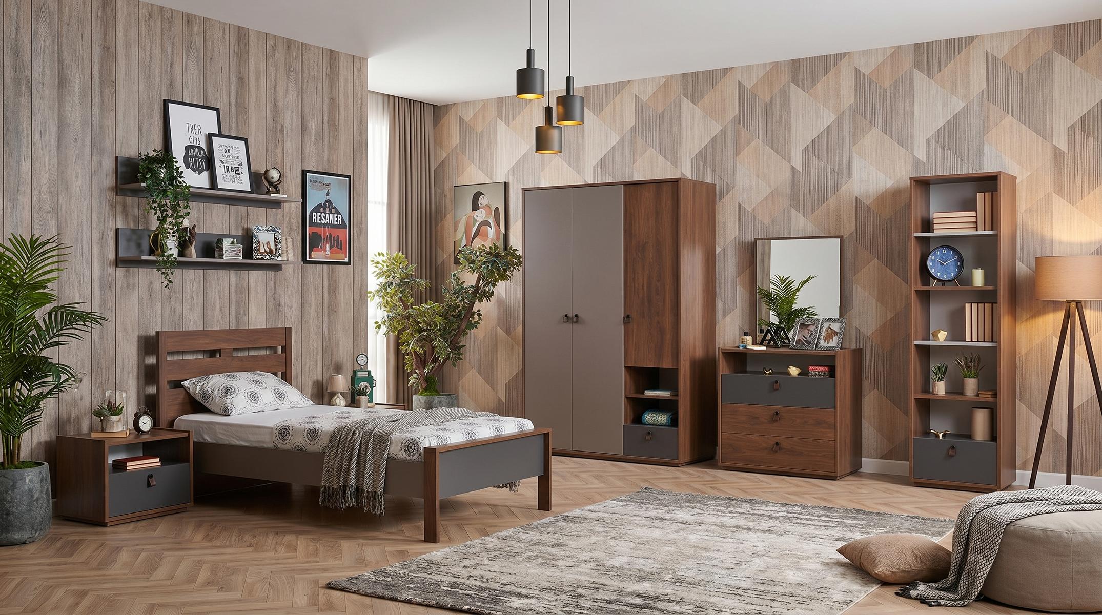 Modernes braunes Jugendzimmer Bett Schrank Kommode Nachttische Bücherregal