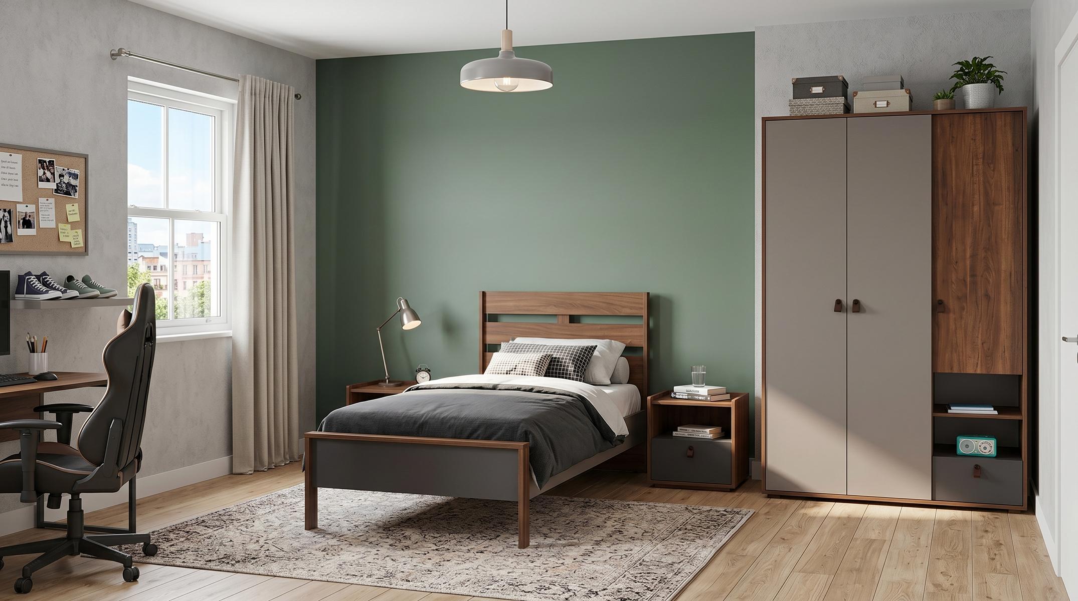 Braunes modernes Jugendzimmer Bett Kleiderschrank Nachttische Schlafzimmer