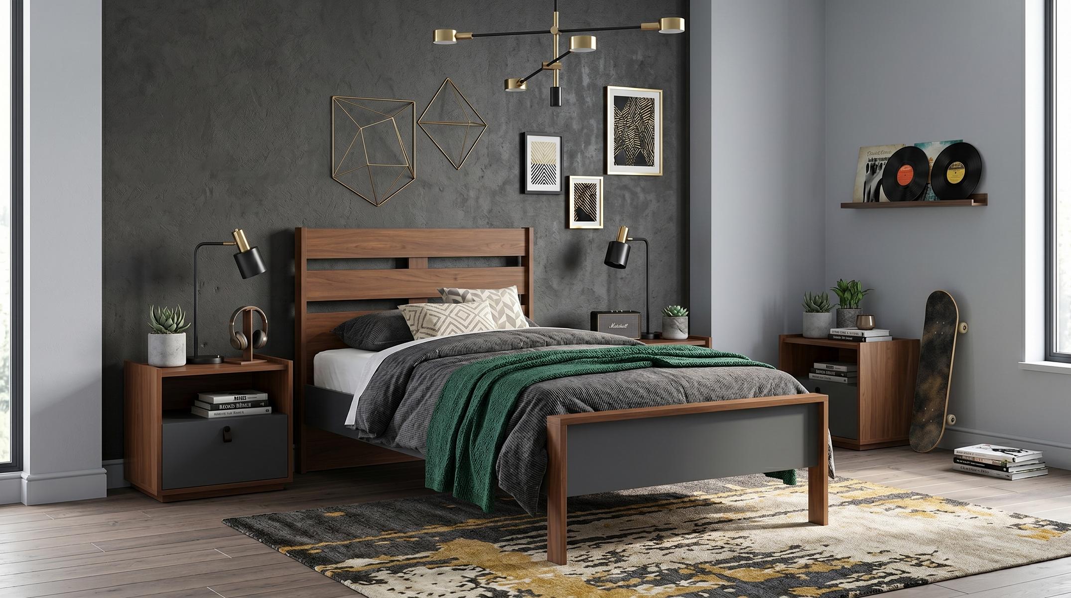 Braunes Jugendzimmer Bett Nachttische Schlafzimmer modern für Jungen